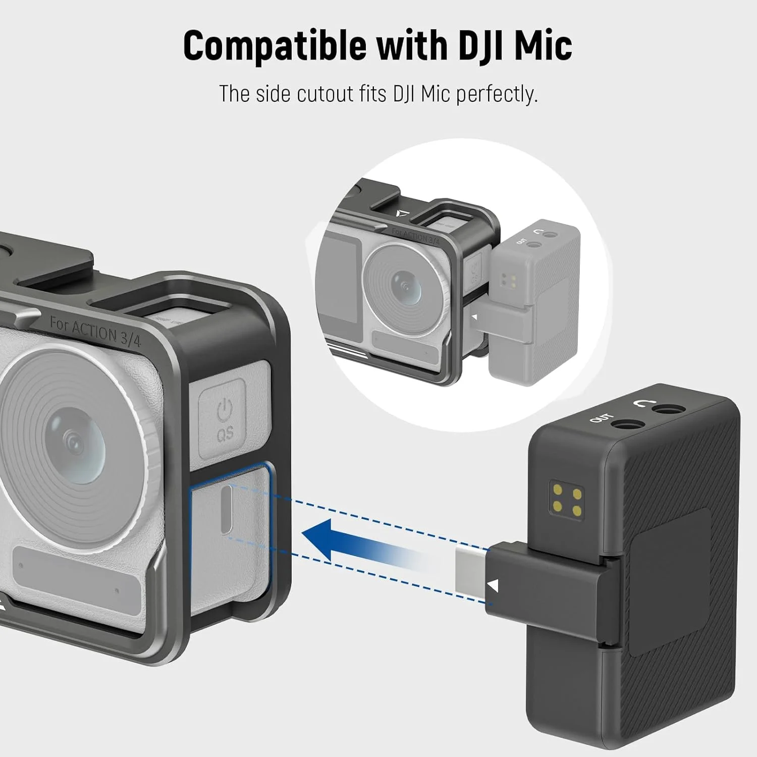 محافظ فلزی دوربین اکشن نیوور مدل AC004، مناسب برای دوربین های اکشن 4 و اکشن 3، سازگار با میکروفون DJI، دارای مانت کفش سرد، رزوه 1/4 اینچ، دکمه شاتر، سازگار با مانت مغناطیسی اصلی