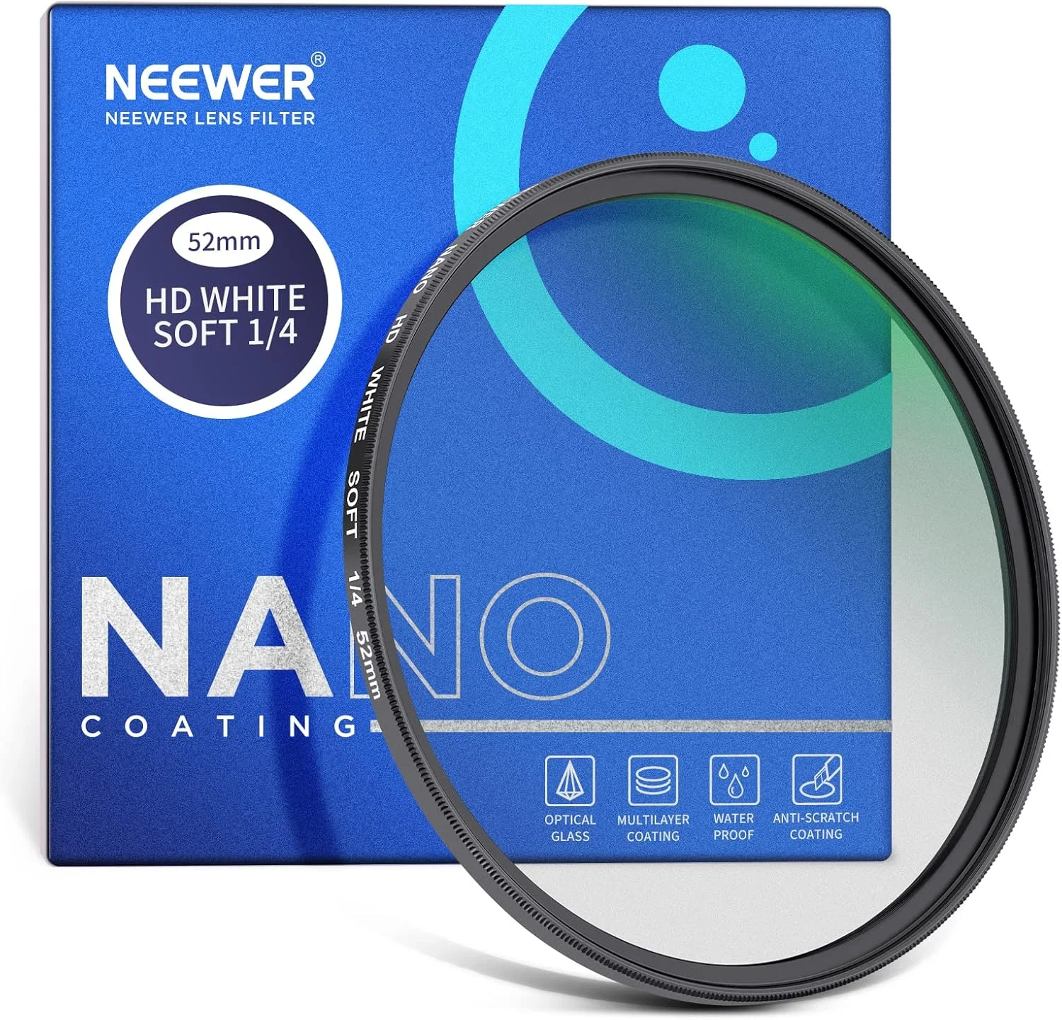 فیلتر دیفیوزر سفید نرم Neewer 52mm 1/4، فیلتر اثر سینمایی رویایی مه آلود، شیشه نوری HD با پوشش نانو 30 لایه فوق العاده نازک مقاوم در برابر آب و خش برای عکاسی ویدئویی/Vlog/پرتره