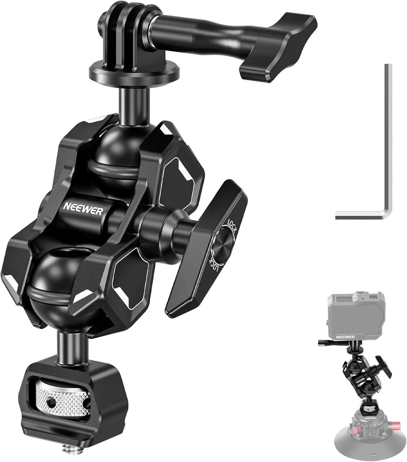 بازوی جادویی NEEWER برای Hero 12 11 10 Osmo Action 4 3 One X3 GO3، آداپتور بازوی مفصلی با پیچ ¼ اینچی برای نصب گیره/پایه مکنده/قفس دوربین سازگار با SmallRig GoPro DJI Insta360، UA021