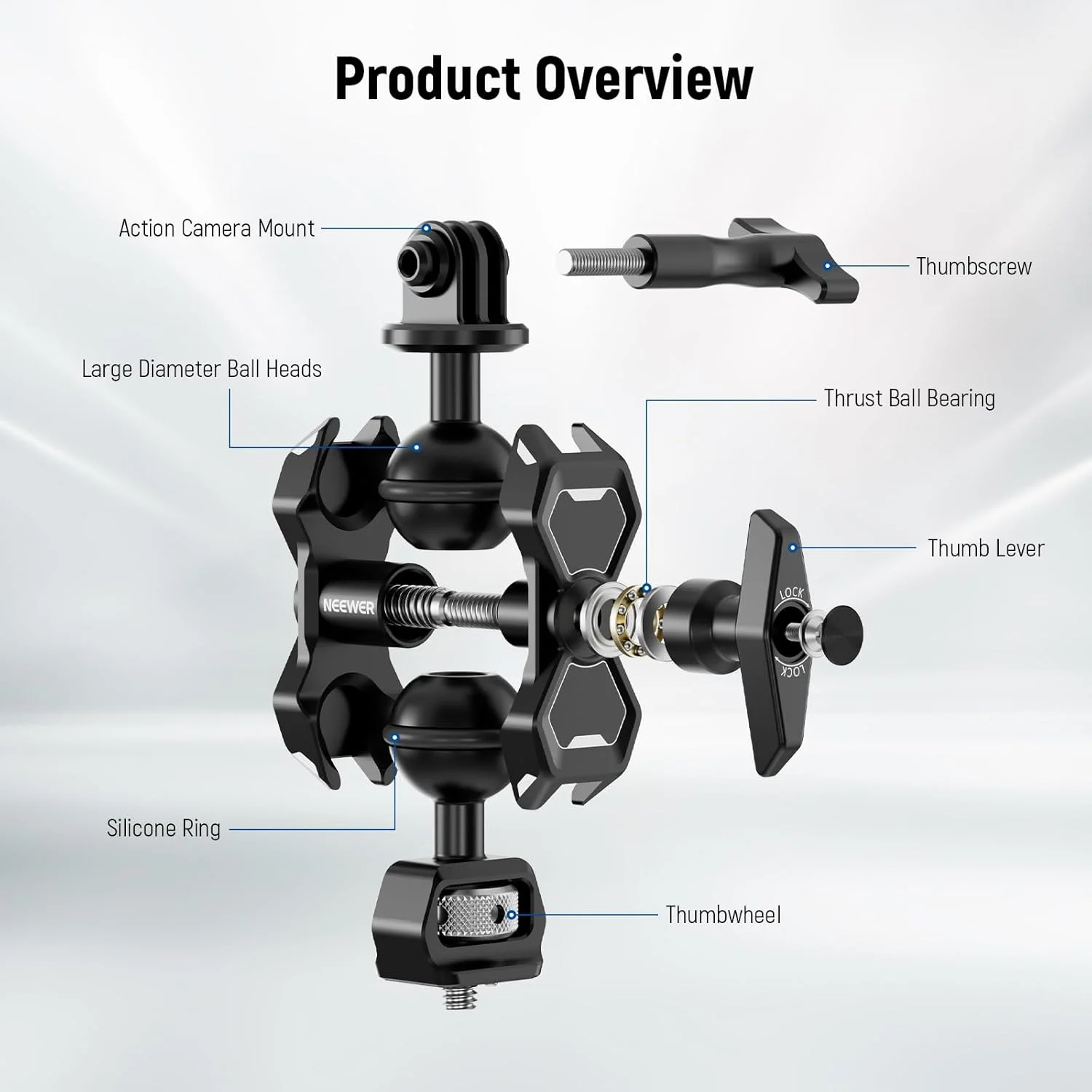 بازوی جادویی NEEWER برای Hero 12 11 10 Osmo Action 4 3 One X3 GO3، آداپتور بازوی مفصلی با پیچ ¼ اینچی برای نصب گیره/پایه مکنده/قفس دوربین سازگار با SmallRig GoPro DJI Insta360، UA021