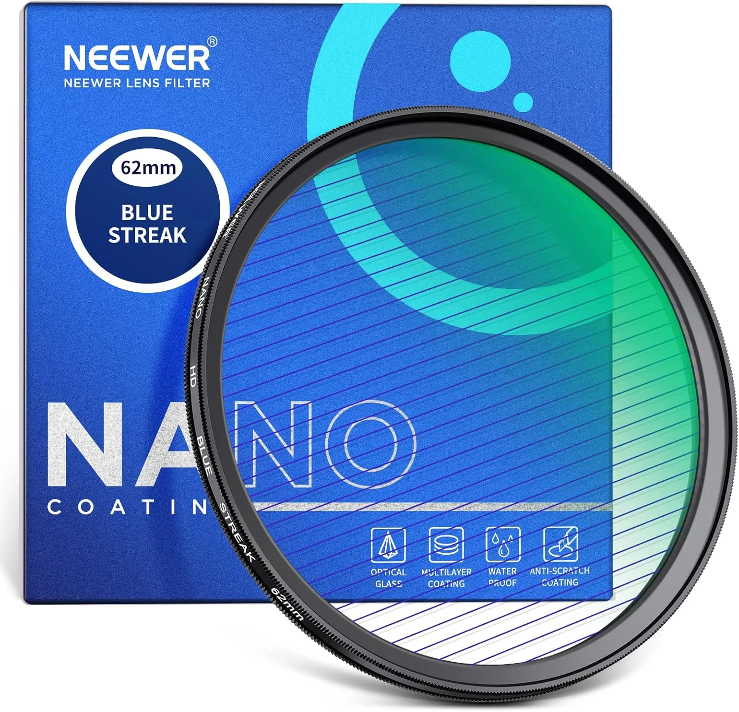 فیلتر خط آبی 62 میلی‌متری NEEWER، شیشه اپتیکال HD با قابلیت چرخش 360 درجه، فیلتر لنز جلوه‌های ویژه آنامورفیک، فریم آلیاژ آلومینیوم با پوشش چند لایه مقاوم 28 لایه