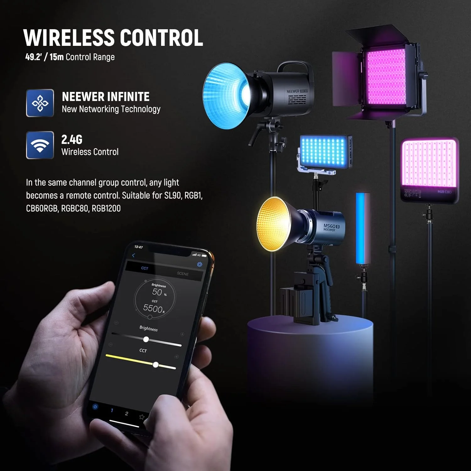 نور استودیویی LED مدل NEEWER MS60B با کنترل 2.4G/App، نور پیوسته استودیویی دو رنگ 65 واتی تمام فلزی مینی کامپکت COB، نور اصلی 2700K-6500K، 40000lux@1m، CRI 97+/TLCI 98+، 12 افکت، PWM