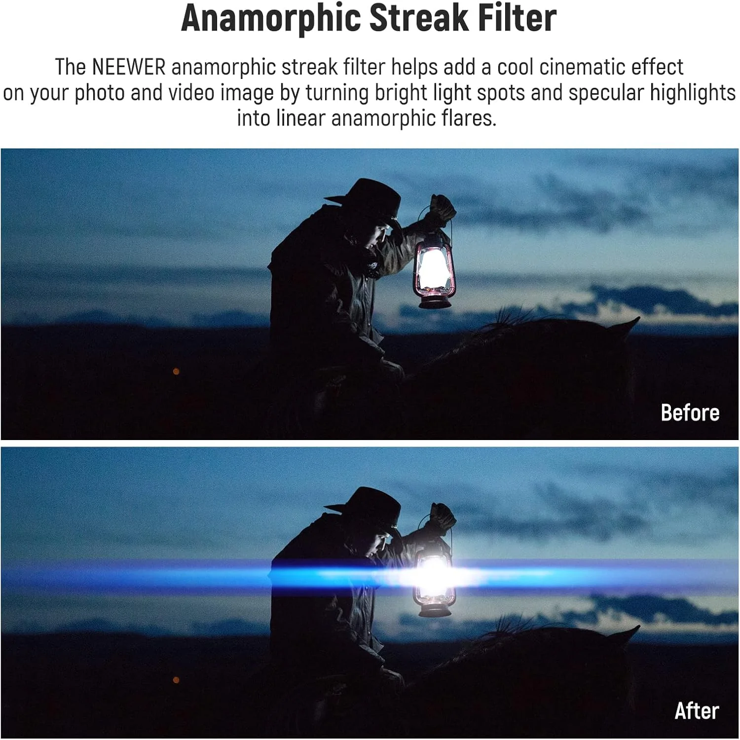 فیلتر رگه آبی 52 میلی‌متری NEEWER، شیشه اپتیکال HD با قابلیت چرخش 360 درجه، فیلتر لنز جلوه‌های ویژه آنامورفیک، 28 لایه پوشش مقاوم چندگانه، قاب آلیاژ آلومینیوم