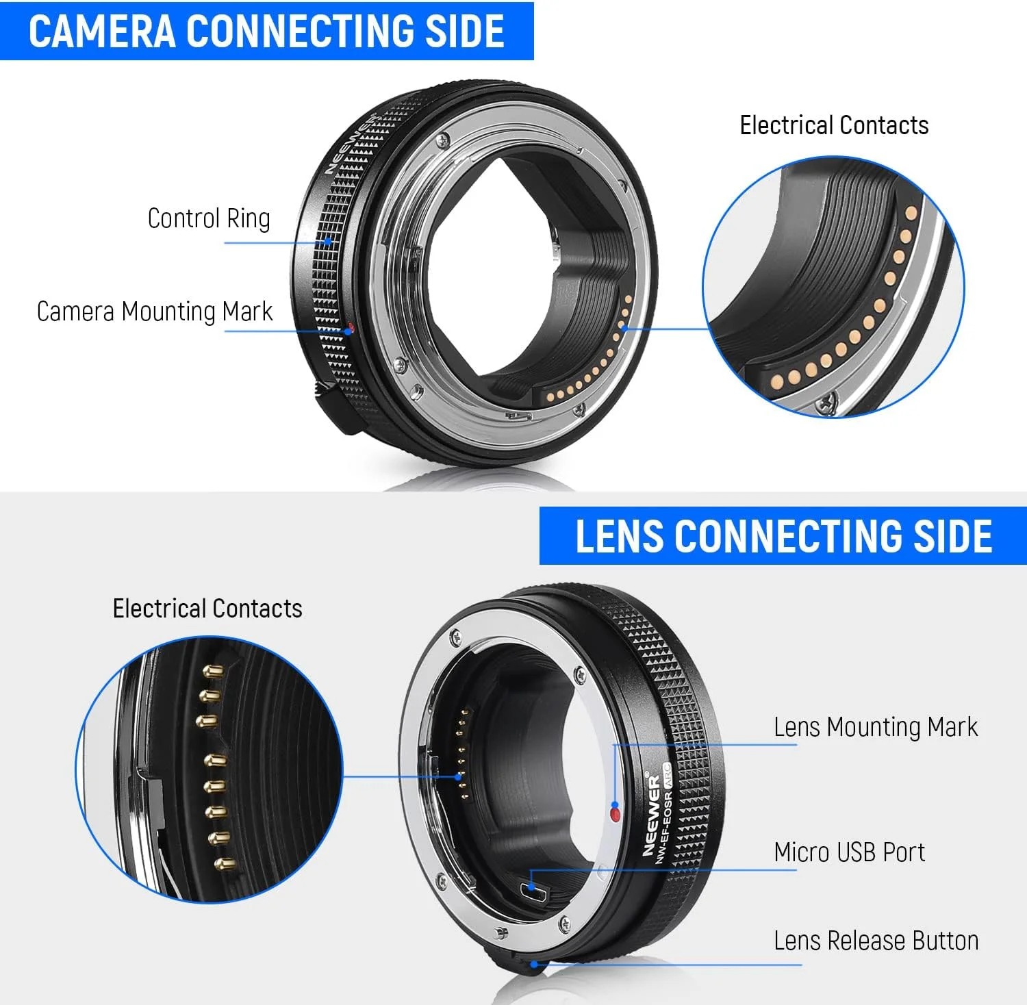 آداپتور اتصال لنز NEEWER EF به RF با فوکوس خودکار و حلقه کنترل، سازگار با لنزهای Canon EF/EF-S و دوربین‌های EOS R Ra RP R6 R5 R3 R7 R10 R8 R50، حداکثر 2 کیلوگرم، NW-EF-EOSR ARC