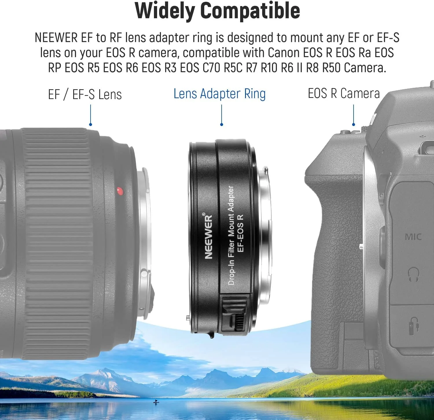 آداپتور مانت لنز NEEWER EF به EOS R با فیلتر CPL داخلی، حلقه تبدیل لنز با فوکوس خودکار سازگار با لنزهای Canon EF/EF-S به دوربین های EOS R EOS Ra EOS RP EOS R5 EOS R6 EOS R3 EOS C70 R5C R7 R10 R8 R50 و غیره