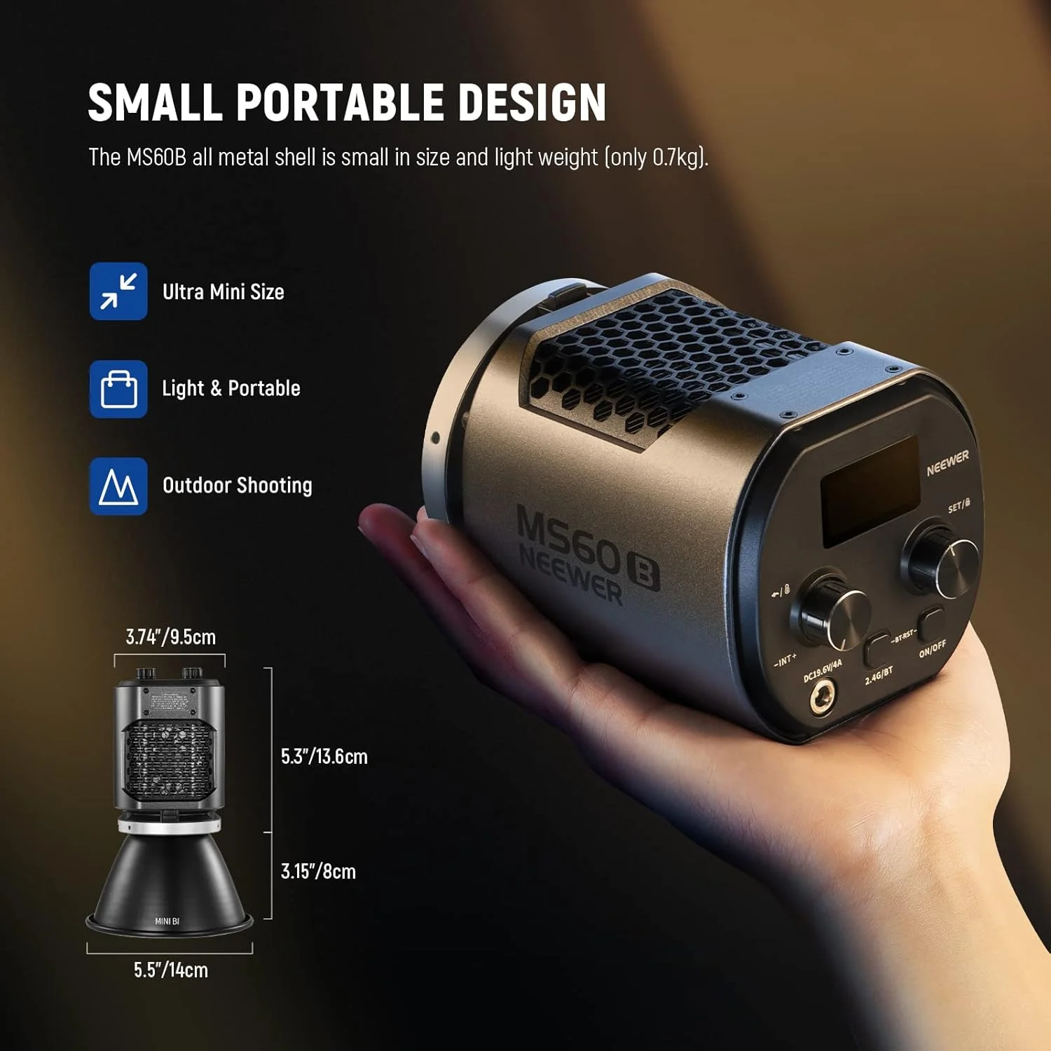 نور ویدئویی ال ای دی NEEWER MS60B با کنترل 2.4G/APP، نورافکن خروجی پیوسته COB فلزی مینیاتوری 65 واتی 2700K-6500K، 40000 لوکس در 1 متر، CRI 97+/TLCI 98+، 12 جلوه ویژه، دیمینگ PWM، مانت بوئنز، نقره ای