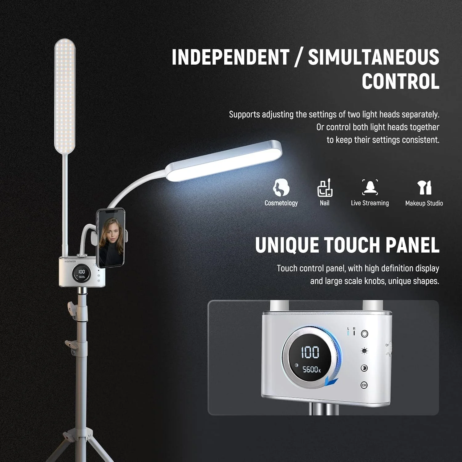 نورپردازی دو رنگ عکاسی NEEWER با نگهدارنده تلفن همراه، سازگار با 2.4G/PC/Mac و کنترل 2 هد نور ویدئویی، لامپ با بازوی دوتایی برای آرایش، مژه، ابرو، تاتو، BH40B نورپردازی دو رنگ عکاسی NEEWER با نگهدارنده تلفن همراه، سازگار با 2.4G/PC/Mac و کنترل 2 هد نور ویدئویی، لامپ با بازوی دوتایی برای آرایش، مژه، ابرو، تاتو، BH40B