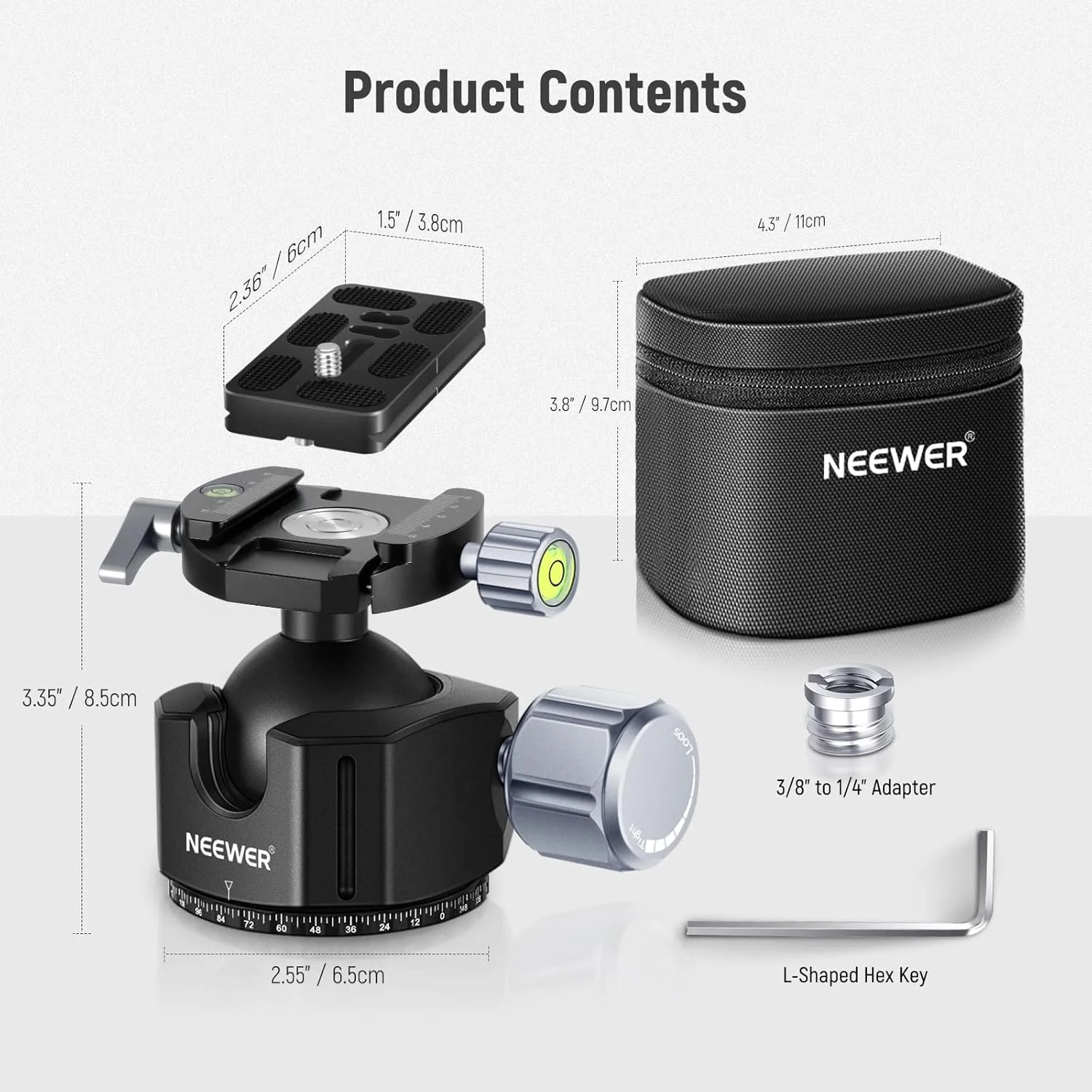 سه‌پایه توپی کم ارتفاع 44 میلی‌متری NEEWER، آلیاژ آلومینیوم CNC سنگین با پانورامای 360 درجه دوتایی و صفحه QR نوع Arca با پیچ 1/4 اینچی برای دوربین DSLR، دوربین فیلمبرداری، سه‌پایه، تک‌پایه، حداکثر بار 25 کیلوگرم