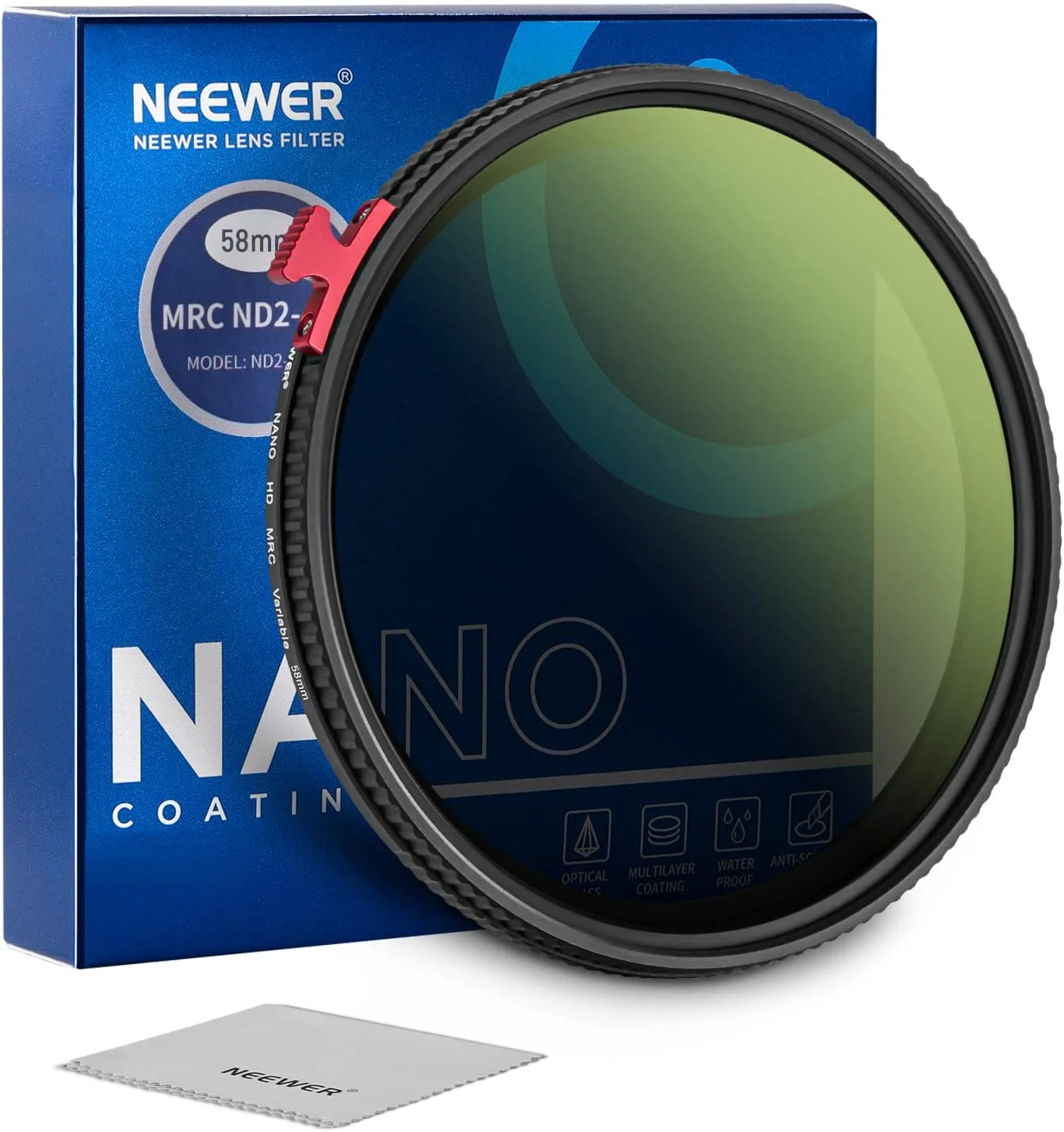فیلتر ND متغیر 58 میلی‌متری NEEWER ND2-ND400 با اهرم، فیلتر لنز دوربین با تراکم خنثی قابل تنظیم (0.3-2.7، 1-9 استاپ)، پوشش نانو 30 لایه/شیشه اپتیکال HD/ضد آب/ضد خش/فوق‌العاده باریک