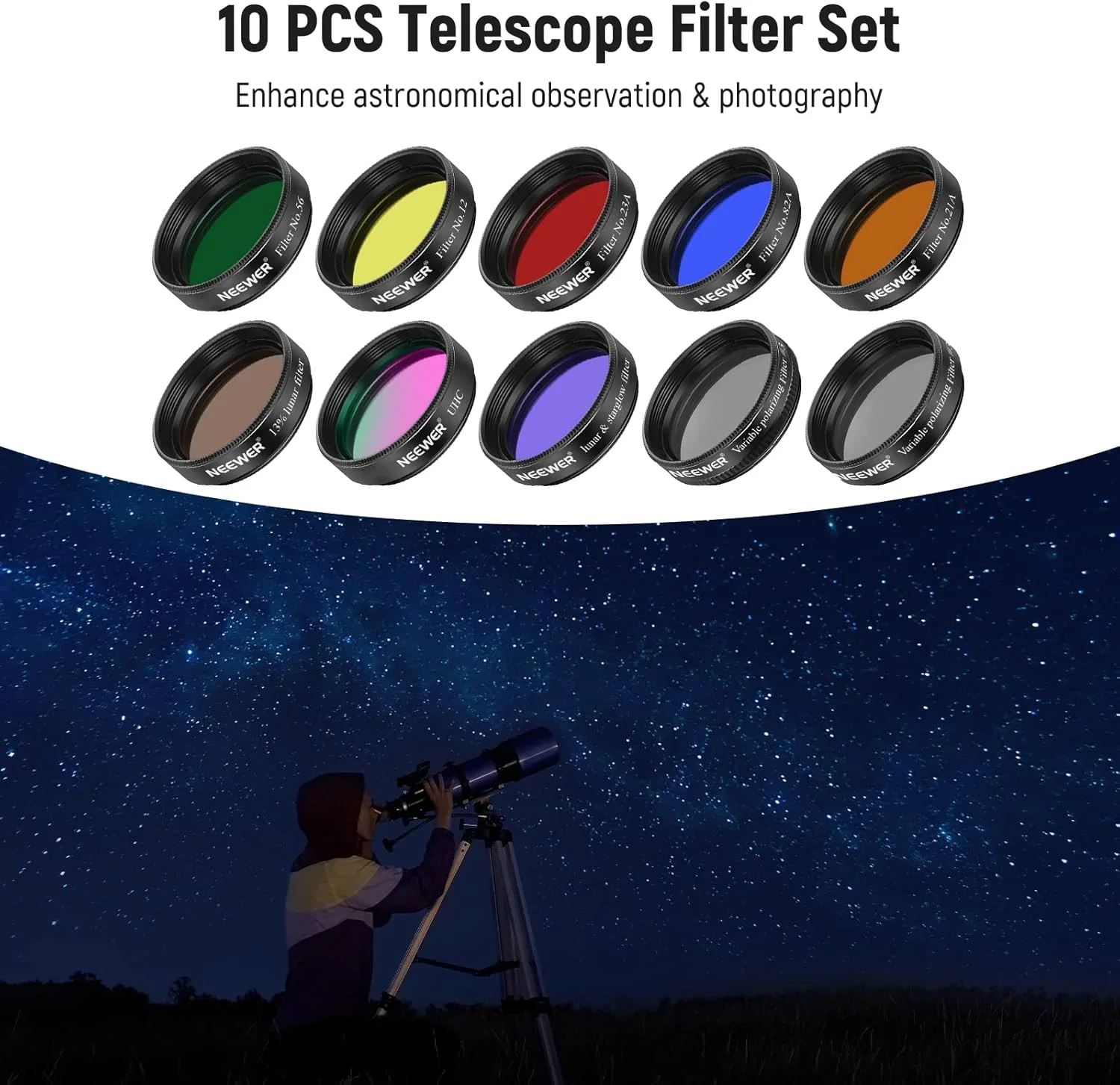مجموعه چشمی تلسکوپ 1.25 اینچی Neewer (بسته 10 عددی) - 5 فیلتر رنگی سیاره ای، 2 فیلتر پلاریزه متغیر، UHC، Lunar & Starglow، 13% Lunar برای رصد ماه و آسمان پرستاره