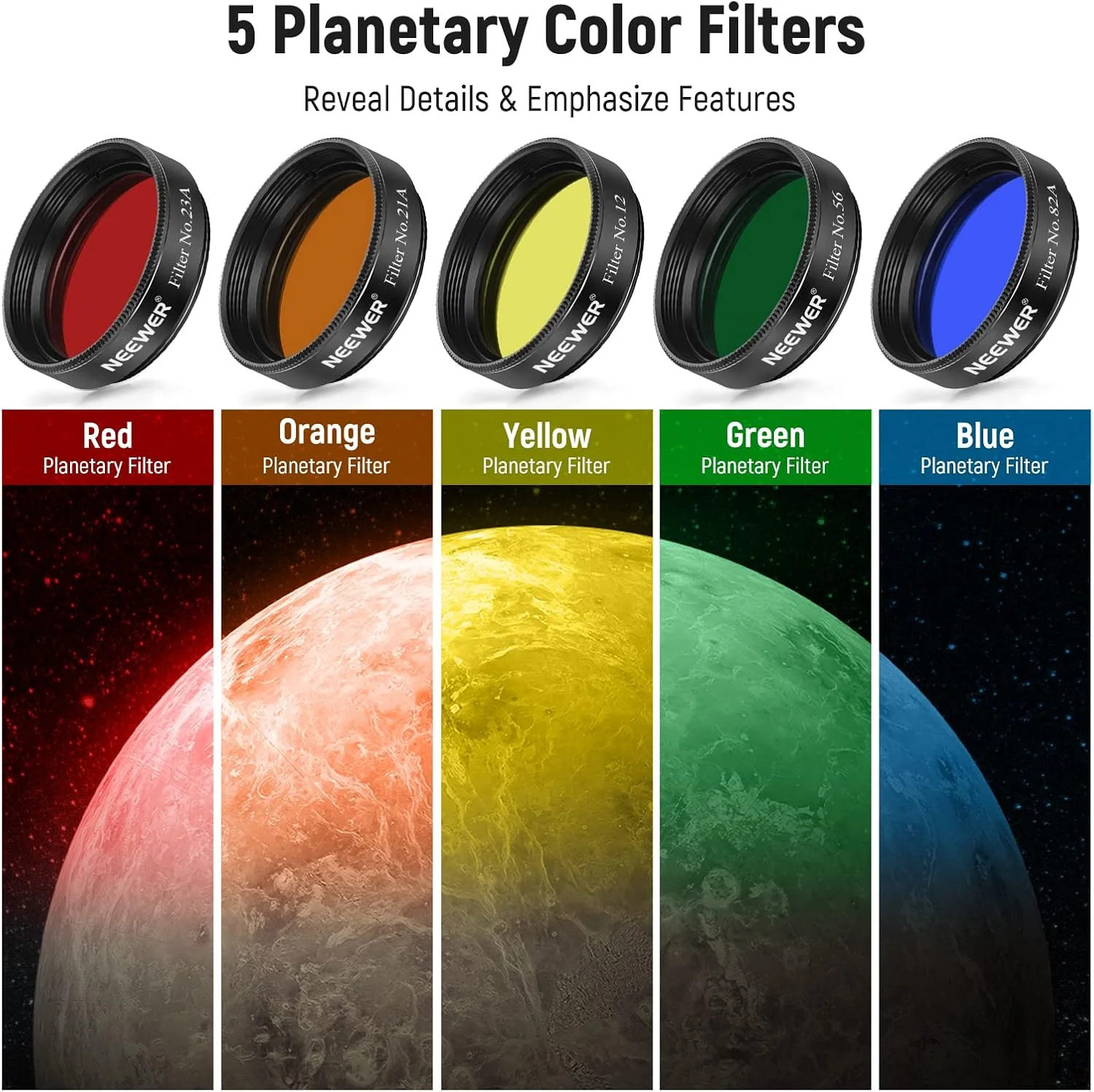 مجموعه چشمی تلسکوپ 1.25 اینچی Neewer (بسته 10 عددی) - 5 فیلتر رنگی سیاره ای، 2 فیلتر پلاریزه متغیر، UHC، Lunar & Starglow، 13% Lunar برای رصد ماه و آسمان پرستاره