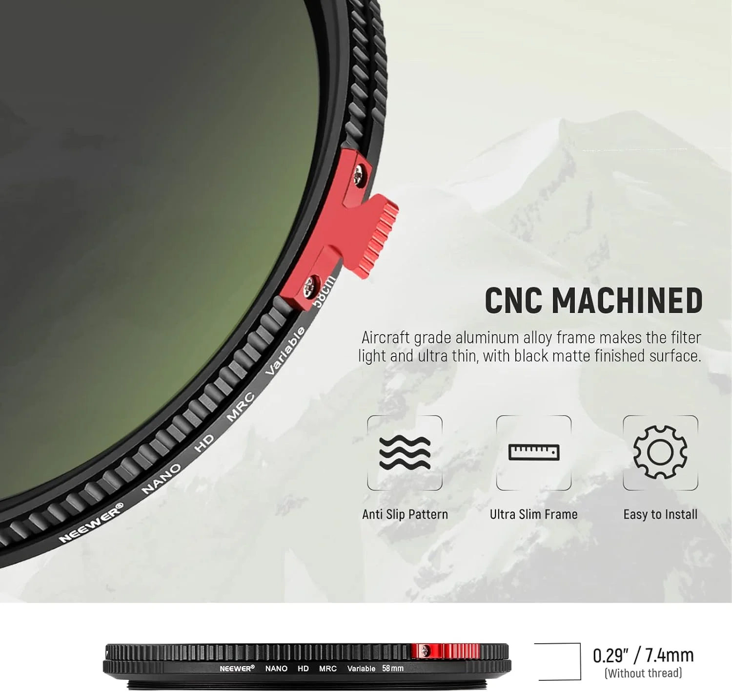 فیلتر ND متغیر 58 میلی‌متری NEEWER ND2-ND400 با اهرم، فیلتر لنز دوربین با تراکم خنثی قابل تنظیم (0.3-2.7، 1-9 استاپ)، پوشش نانو 30 لایه/شیشه اپتیکال HD/ضد آب/ضد خش/فوق‌العاده باریک