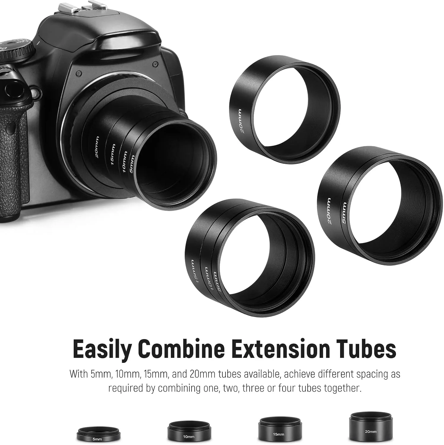 مجموعه 4 عددی لوله افزایش طول T2 نیور، لوله افزایش طول 5 میلی‌متری، 10 میلی‌متری، 15 میلی‌متری و 20 میلی‌متری با رزوه دو طرفه M42x0.75 میلی‌متری، لوازم جانبی تلسکوپ برای عکاسی نجومی