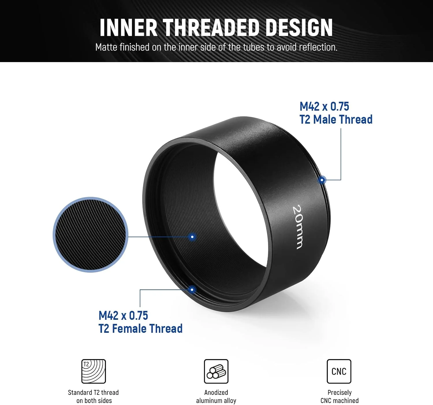 مجموعه 4 عددی لوله افزایش طول T2 نیور، لوله افزایش طول 5 میلی‌متری، 10 میلی‌متری، 15 میلی‌متری و 20 میلی‌متری با رزوه دو طرفه M42x0.75 میلی‌متری، لوازم جانبی تلسکوپ برای عکاسی نجومی