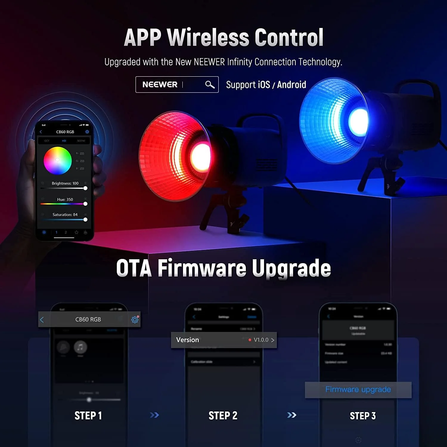 نور ویدئویی ال ای دی 70 وات NEEWER CB60 RGB، نور استودیویی با پایه بوئنز، COB تمام رنگی 18000 لوکس در 1 متر، CCT 2700K ~ 6500K، CRI 97+، 17 صحنه نورپردازی، کنترل با اپلیکیشن، نور پیوسته برای عکاسی و نورپردازی ویدئو نور ویدئویی ال ای دی 70 وات NEEWER CB60 RGB، نور استودیویی با پایه بوئنز، COB تمام رنگی 18000 لوکس در 1 متر، CCT 2700K ~ 6500K، CRI 97+، 17 صحنه نورپردازی، کنترل با اپلیکیشن، نور پیوسته برای عکاسی و نورپردازی ویدئو