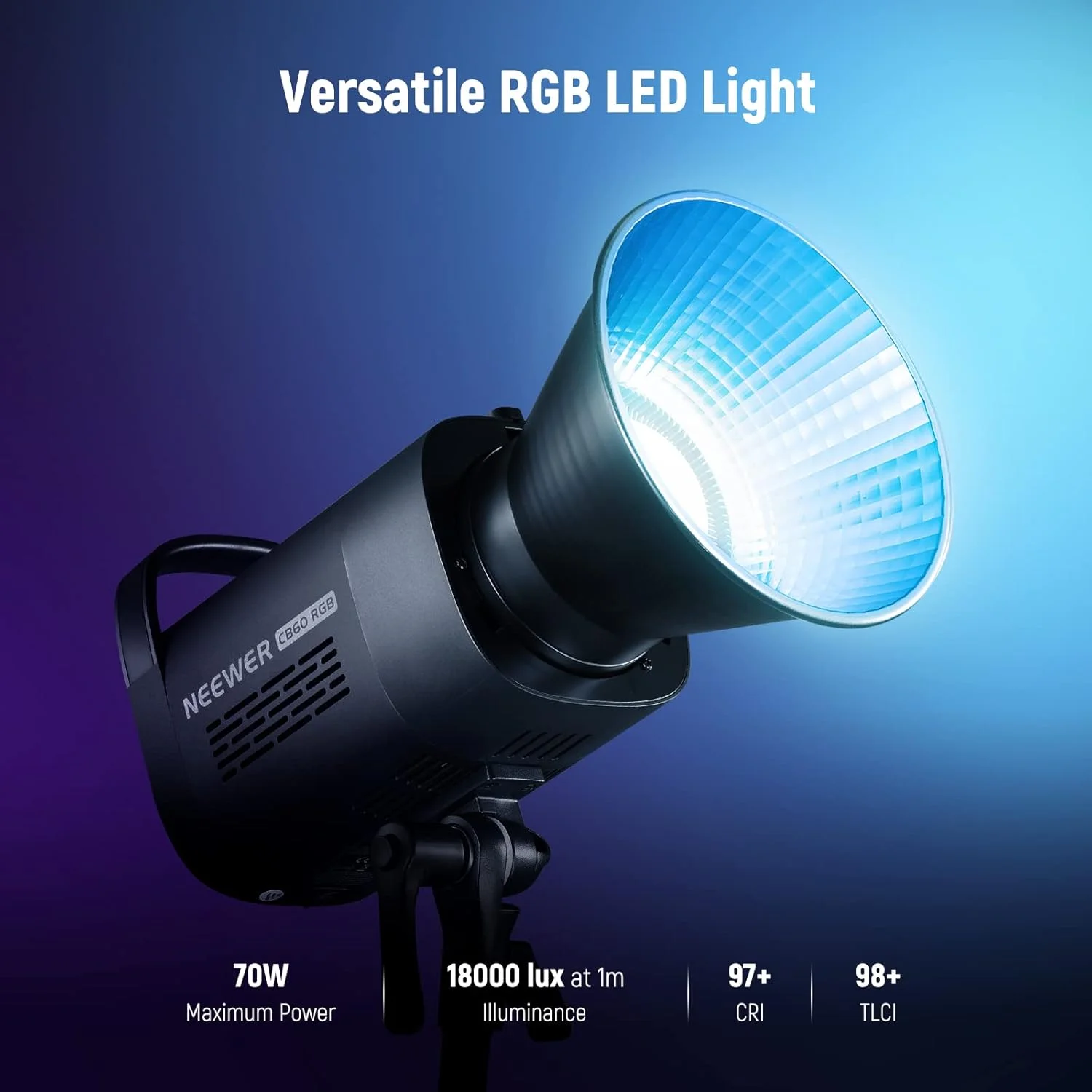 نور ویدئویی ال ای دی 70 وات RGB نیور CB60 با کنترل برنامه، مانت بوئنز COB نورپردازی خروجی مداوم تمام رنگی 18000Lux/1m CCT 2700K-6500K CRI97+ 17 صحنه برای عکاسی/ضبط ویدئو استودیویی نور ویدئویی ال ای دی 70 وات RGB نیور CB60 با کنترل برنامه، مانت بوئنز COB نورپردازی خروجی مداوم تمام رنگی 18000Lux/1m CCT 2700K-6500K CRI97+ 17 صحنه برای عکاسی/ضبط ویدئو استودیویی