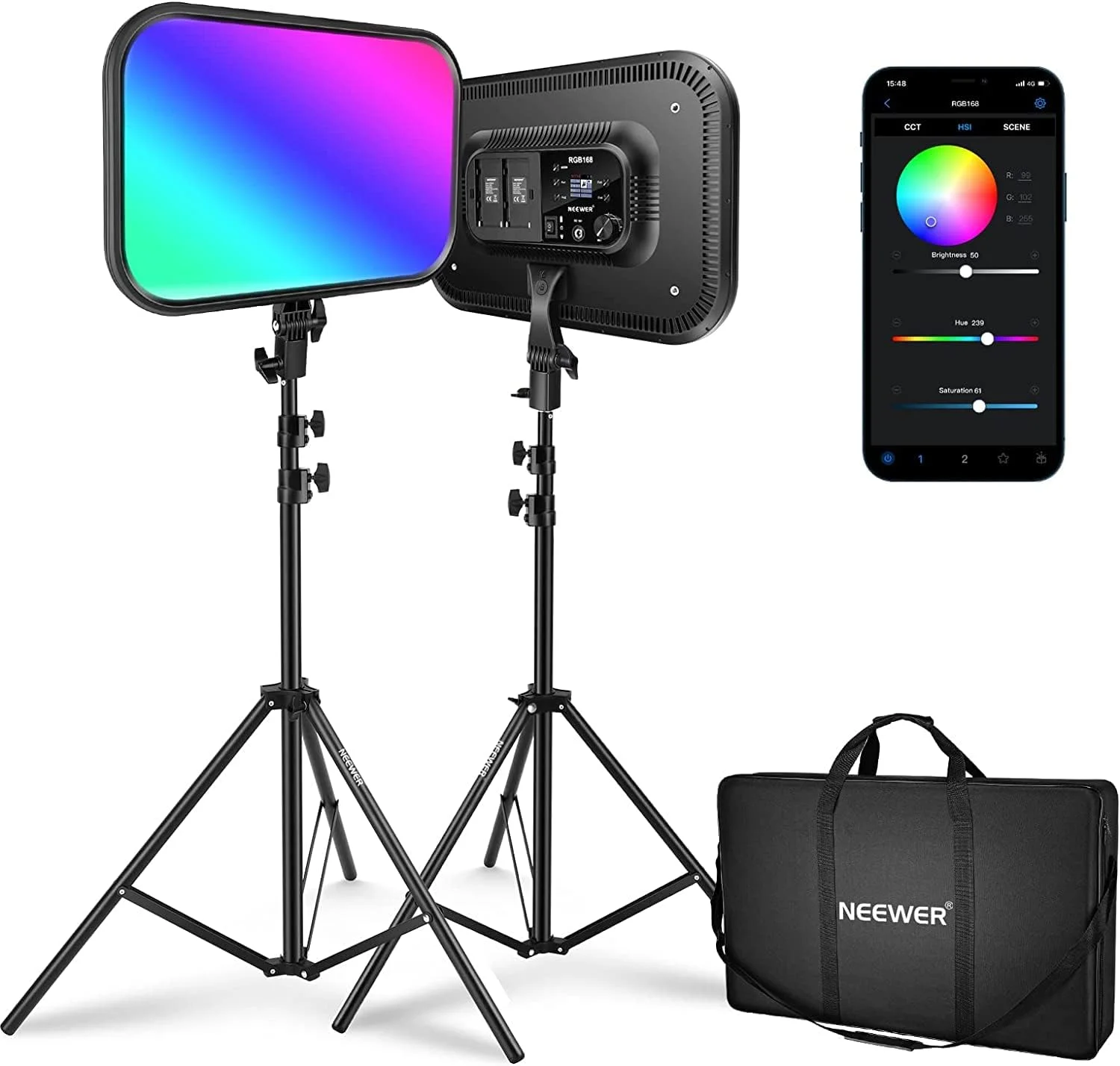 ست پنل نور ویدئویی ال ای دی RGB نیور RGB168، 18.3 اینچ، 60 وات با پایه سه پایه، کنترل از طریق اپلیکیشن، 360 درجه تمام رنگی، دیمر پذیر، 2500K-8500K نور ویدئویی RGB / CRI 97+/17 جلوه صحنه نور مداوم استودیویی