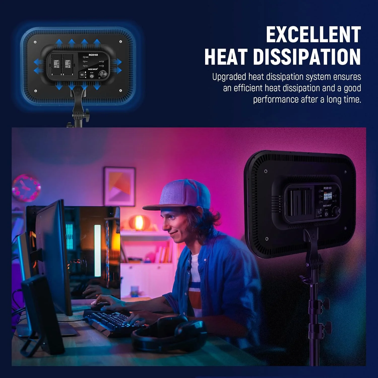 پنل نور ویدئویی ال ای دی RGB نیور مدل RGB168، 18.3 اینچ، 60 وات با کنترل اپلیکیشن، رنگ کامل 360 درجه، نور عکس و فیلم قابل تنظیم 2500K~8500K، CRI/TLCI 97+ با 17 جلوه ویژه، نور مداوم استودیویی پنل نور ویدئویی ال ای دی RGB نیور مدل RGB168، 18.3 اینچ، 60 وات با کنترل اپلیکیشن، رنگ کامل 360 درجه، نور عکس و فیلم قابل تنظیم 2500K~8500K، CRI/TLCI 97+ با 17 جلوه ویژه، نور مداوم استودیویی