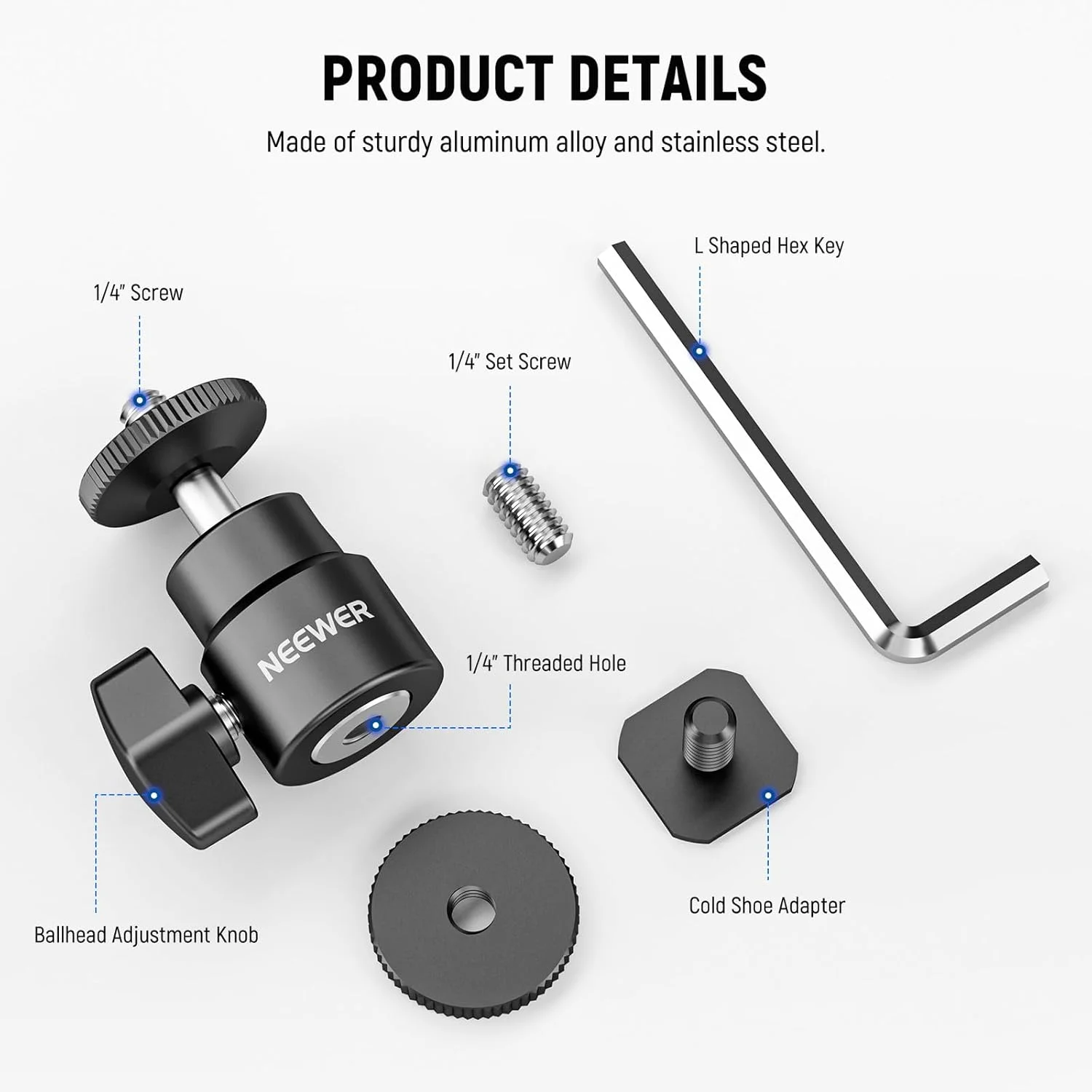 Neewer پایه کفشک فلاش دوربین 1/4 اینچی با پیچ اضافی 1/4 اینچی 2 عددی، آداپتور پایه کفشک فلاش سر توپی کوچک برای دوربین ها، دوربین های فیلمبرداری، تلفن هوشمند، نور ویدئو، میکروفون، رینگ لایت - ST17