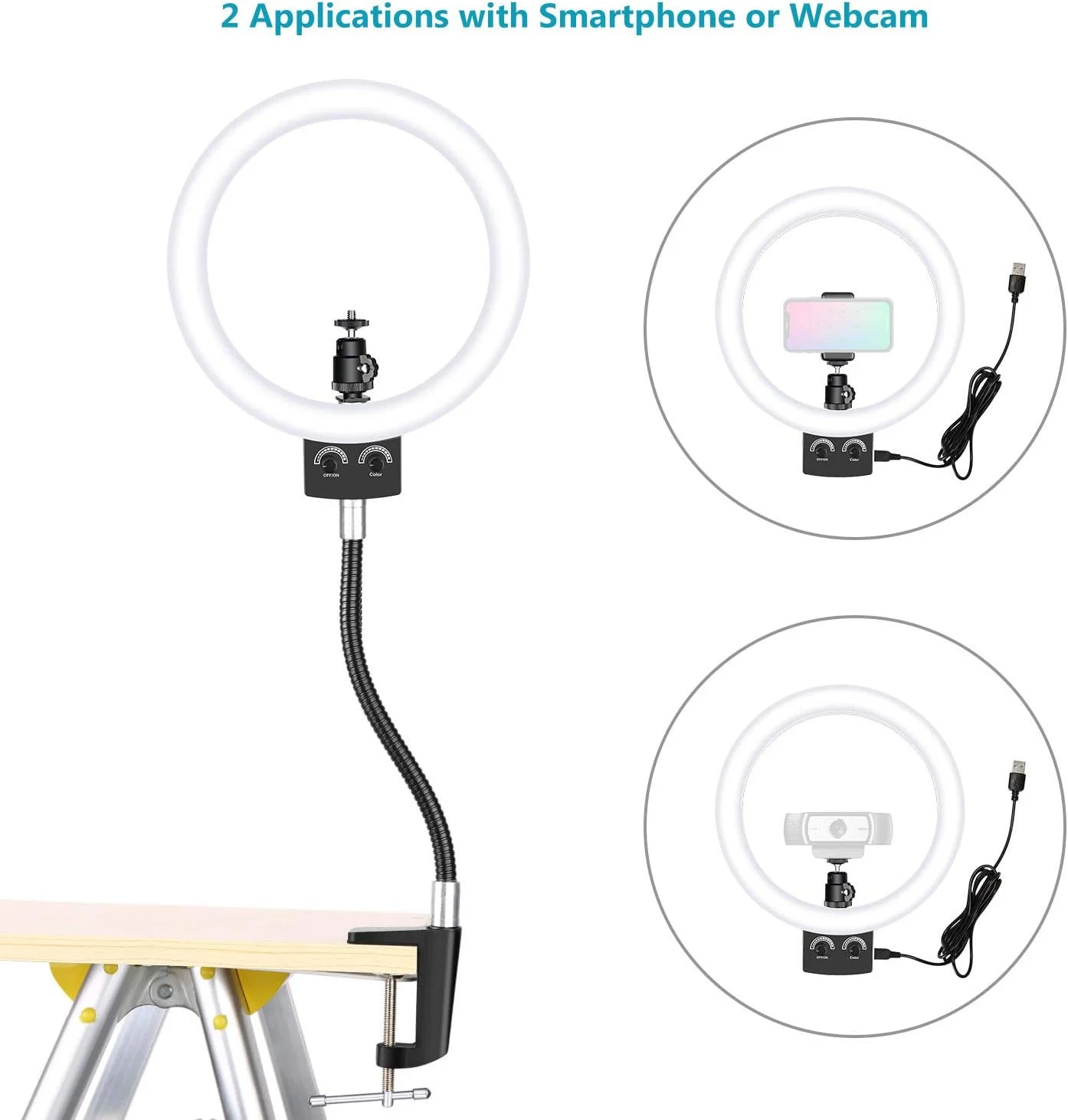 نور حلقه ای ال ای دی USB با قابلیت تنظیم نور NEEWER 8.9 اینچی، پایه انعطاف پذیر، نگهدارنده تلفن برای وب کم Logitech C920 C922x C930e Brio 4K C925e C922 C930 C615 و تلفن های هوشمند (زرد، سفید)