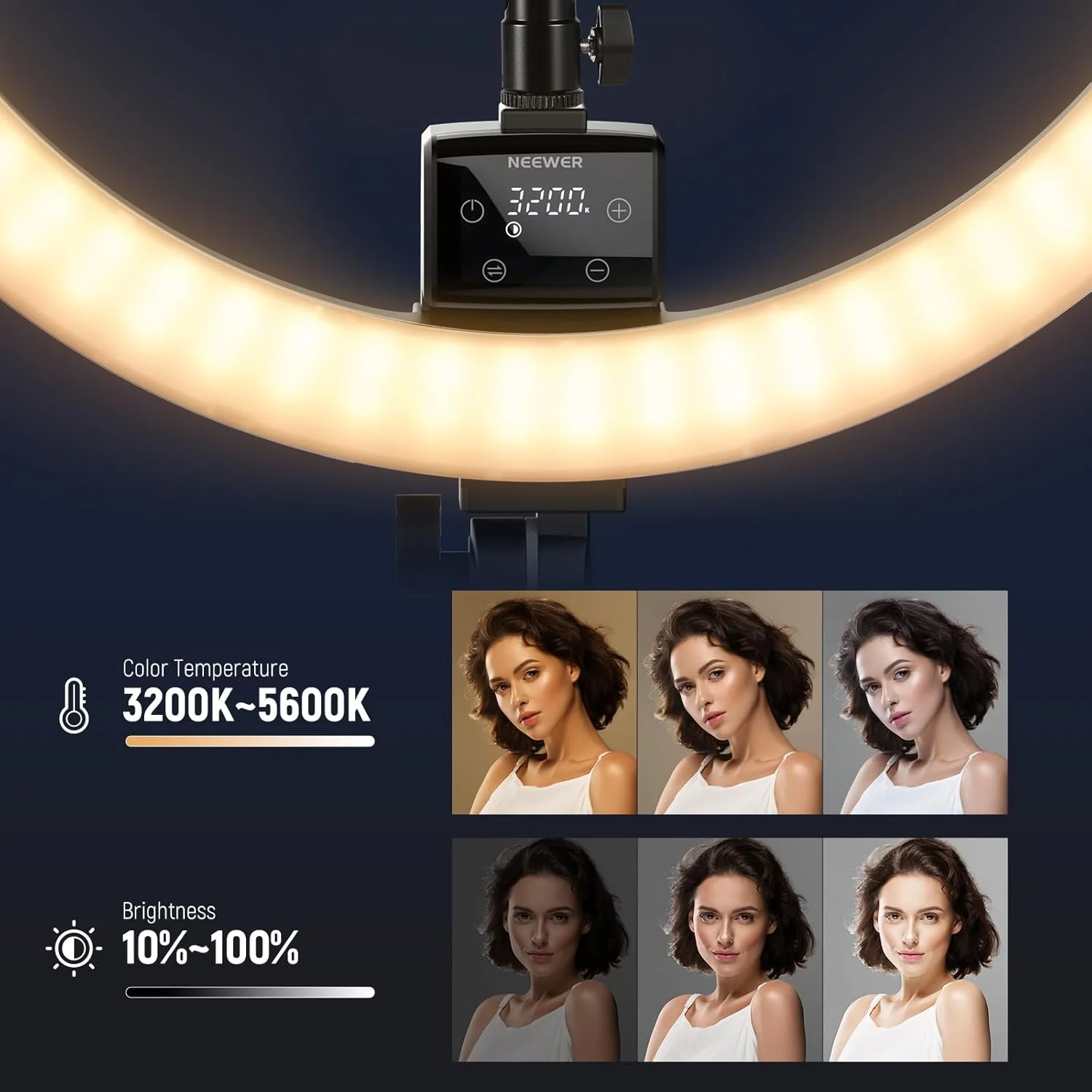 حلقه نور LED نیور با سه پایه پیشرفته، حلقه نور بزرگ 48 سانتی متری با پایه، کنترل لمسی دستی با صفحه نمایش LCD، کنترل از راه دور 2.4G، نور چندگانه 3200-5600K حلقه نور برای دوربین موبایل (مشکی)