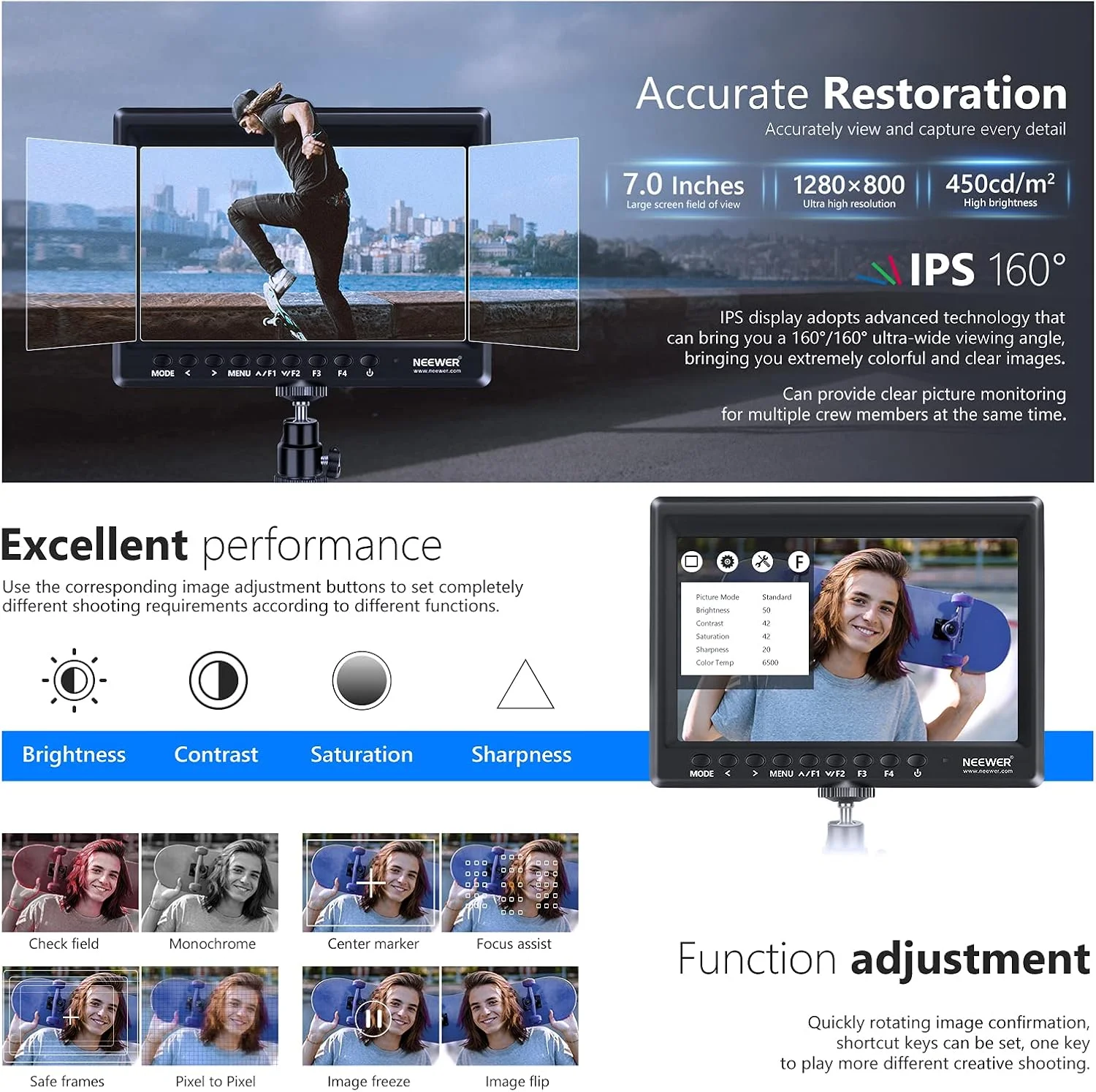 مانیتور 7 اینچی Neewer F100، دستیار ویدیویی HD باریک IPS با رزولوشن 1280x800، ورودی HDMI 1080p به همراه باتری لیتیوم یونی 2600mAh/شارژر USB و کیف حمل، مناسب برای دوربین های DSLR، استابلایزر و تجهیزات فیلمبرداری مانیتور 7 اینچی Neewer F100، دستیار ویدیویی HD باریک IPS با رزولوشن 1280x800، ورودی HDMI 1080p به همراه باتری لیتیوم یونی 2600mAh/شارژر USB و کیف حمل، مناسب برای دوربین های DSLR، استابلایزر و تجهیزات فیلمبرداری