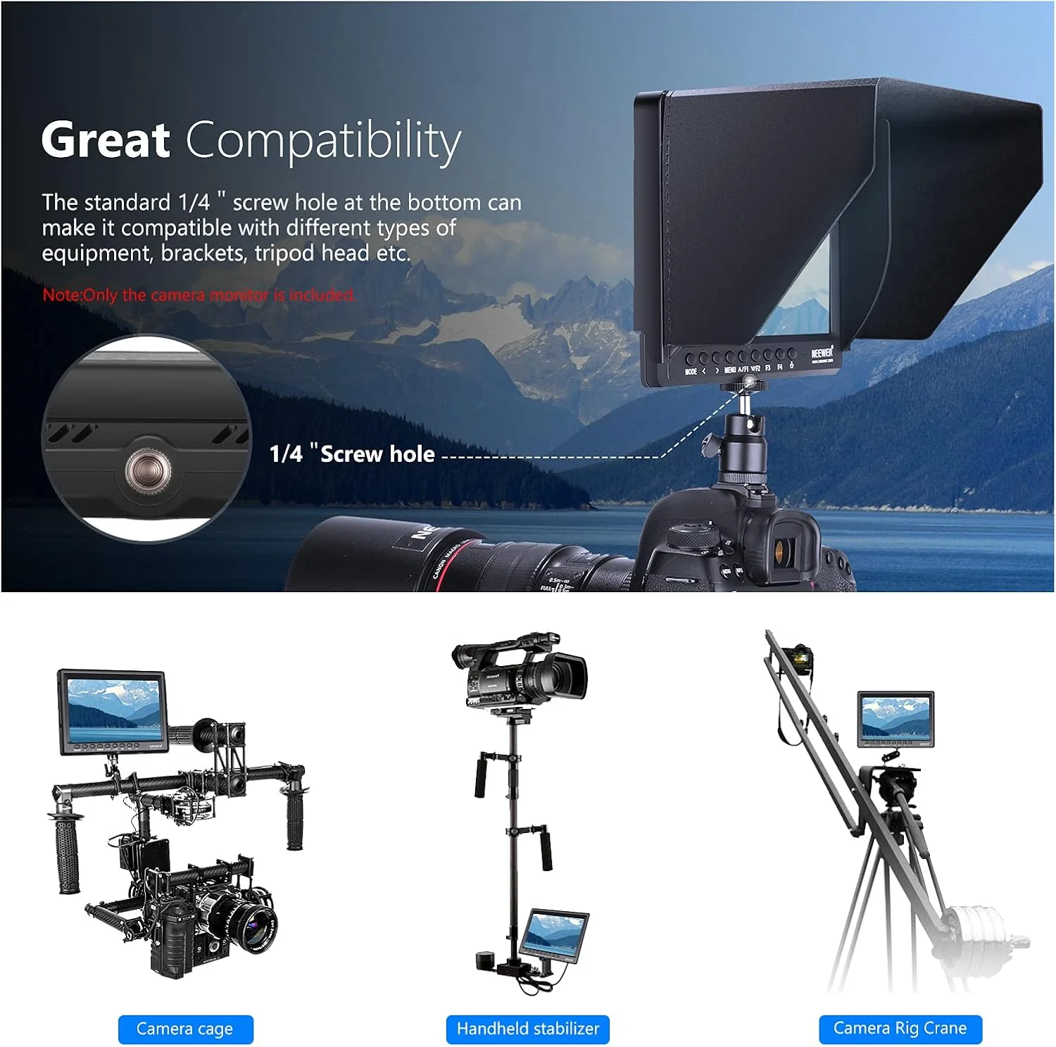 مانیتور 7 اینچی Neewer F100، دستیار ویدیویی HD باریک IPS با رزولوشن 1280x800، ورودی HDMI 1080p به همراه باتری لیتیوم یونی 2600mAh/شارژر USB و کیف حمل، مناسب برای دوربین های DSLR، استابلایزر و تجهیزات فیلمبرداری مانیتور 7 اینچی Neewer F100، دستیار ویدیویی HD باریک IPS با رزولوشن 1280x800، ورودی HDMI 1080p به همراه باتری لیتیوم یونی 2600mAh/شارژر USB و کیف حمل، مناسب برای دوربین های DSLR، استابلایزر و تجهیزات فیلمبرداری