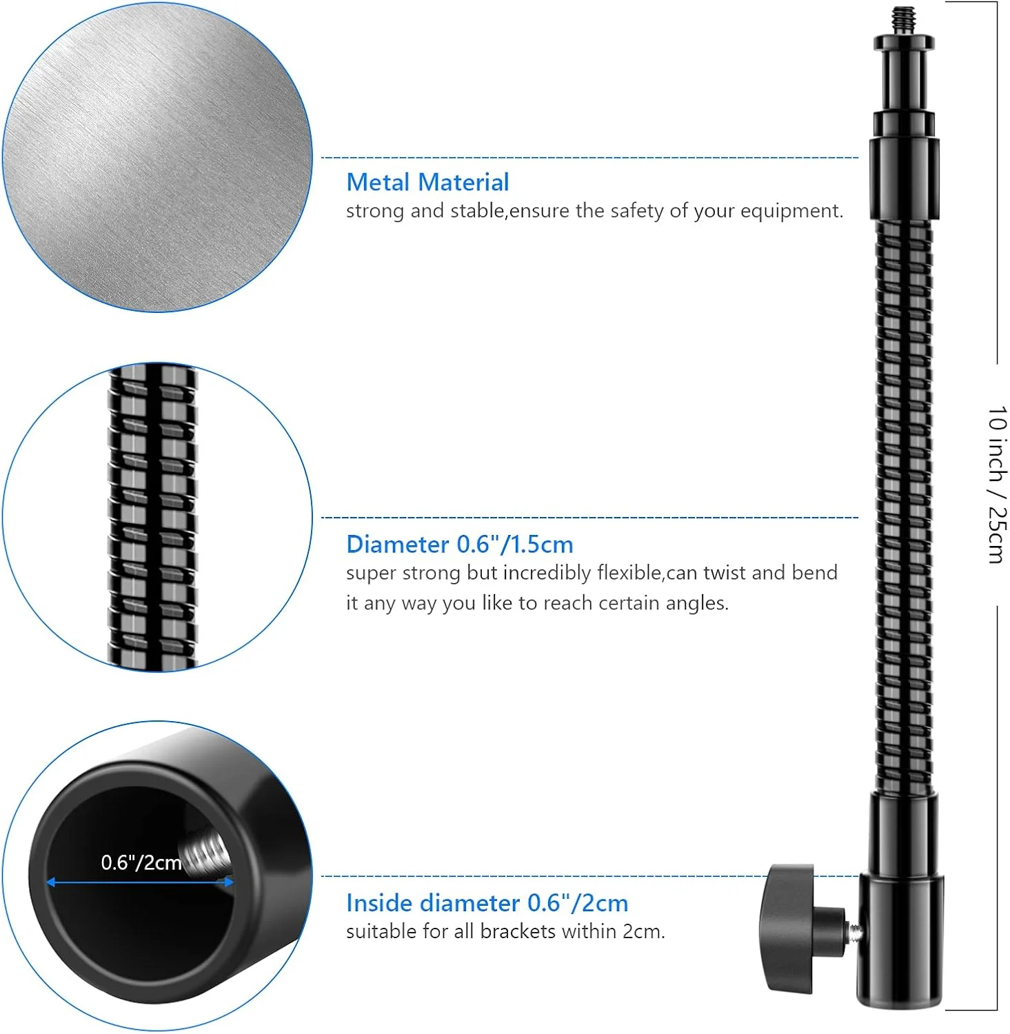بازوی لوله فلزی انعطاف پذیر 25 سانتی متری نیور با رزوه پیچی 1/4 اینچی برای چراغ های ویدئویی LED، فلاش حلقه ای و سایر لوازم جانبی عکاسی بازوی لوله فلزی انعطاف پذیر 25 سانتی متری نیور با رزوه پیچی 1/4 اینچی برای چراغ های ویدئویی LED، فلاش حلقه ای و سایر لوازم جانبی عکاسی