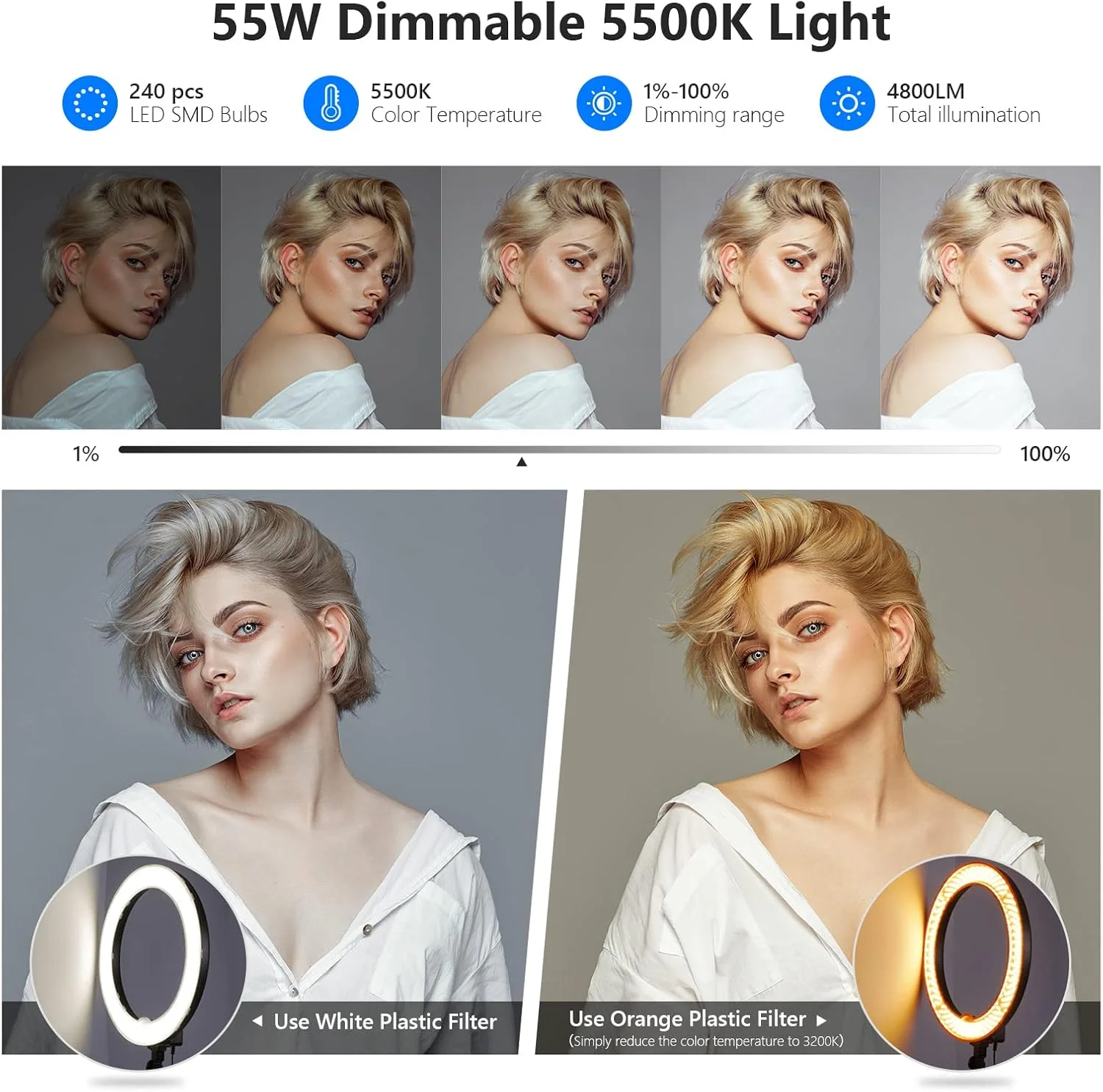 نور حلقه ای دو رنگ قابل تنظیم Neewer برای ویدیو، 18 اینچ 55 وات 240 عدد LED SMD نور حلقه ای دو رنگ قابل تنظیم Neewer برای ویدیو، 18 اینچ 55 وات 240 عدد LED SMD