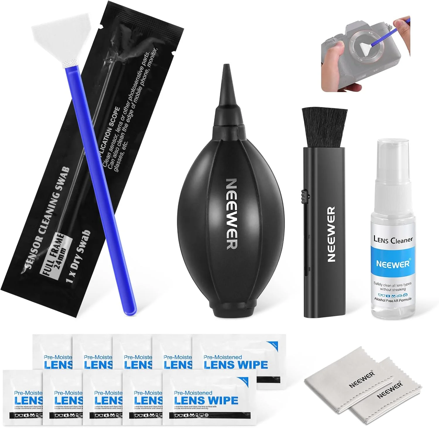 کیت تمیز کننده لنز دوربین نیور 16 در 1، 1 عدد برس + 1 عدد دمنده هوا + 1 عدد سواب تمیز کننده برای سنسور فول فریم 24 میلی متری + 1 عدد اسپری تمیز کننده + 2 عدد پارچه + 10 عدد دستمال مرطوب لنز، HM-44