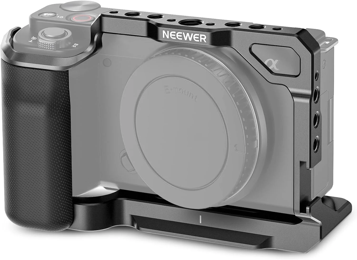 کیج دوربین NEEWER ZV-E10 با دسته سیلیکونی، رزوه 1/4 اینچی، سوراخ های موقعیت یابی ARRI 3/8 اینچی، پایه QR از نوع Arca، ریگ ویدیویی فلزی، سازگار با گریپ های SmallRig، گیمبال DJI RS، Sony ZV-E10