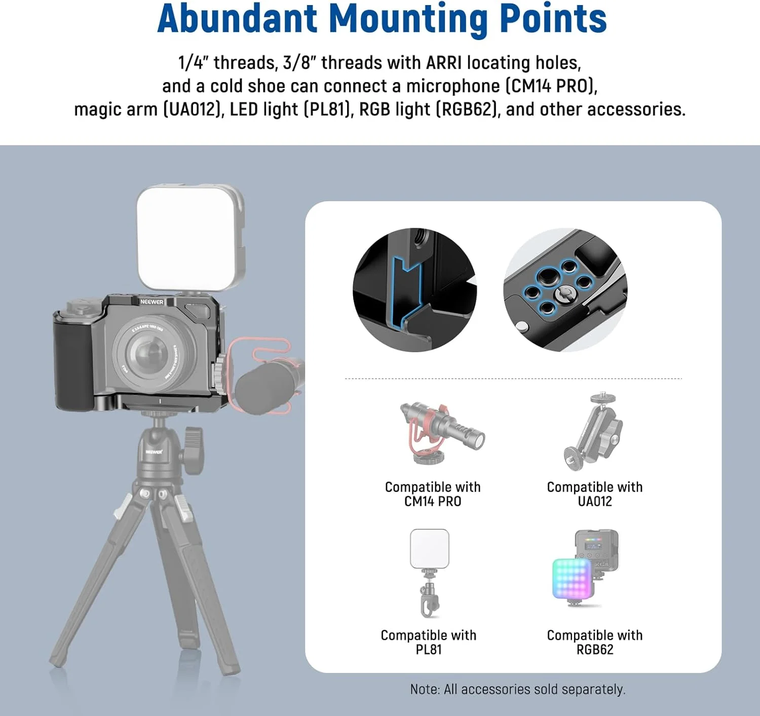 کیج دوربین NEEWER ZV-E10 با دسته سیلیکونی، رزوه 1/4 اینچی، سوراخ های موقعیت یابی ARRI 3/8 اینچی، پایه QR از نوع Arca، ریگ ویدیویی فلزی، سازگار با گریپ های SmallRig، گیمبال DJI RS، Sony ZV-E10 کیج دوربین NEEWER ZV-E10 با دسته سیلیکونی، رزوه 1/4 اینچی، سوراخ های موقعیت یابی ARRI 3/8 اینچی، پایه QR از نوع Arca، ریگ ویدیویی فلزی، سازگار با گریپ های SmallRig، گیمبال DJI RS، Sony ZV-E10