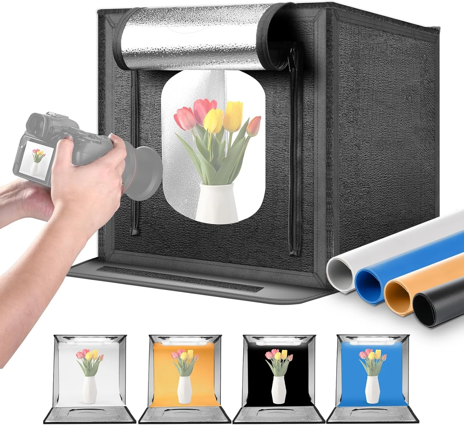 جعبه نور استودیویی عکس NEEWER ارتقا یافته، چادر عکاسی بدون تابش خیره کننده 60x60 سانتی متر با 4 پس زمینه رنگی، 160 LED با دمای رنگ 5600K CRI97+/TLCI98+، چادر نور تاشو رومیزی قابل تنظیم برای جواهرات و لوازم الکترونیکی، LP60