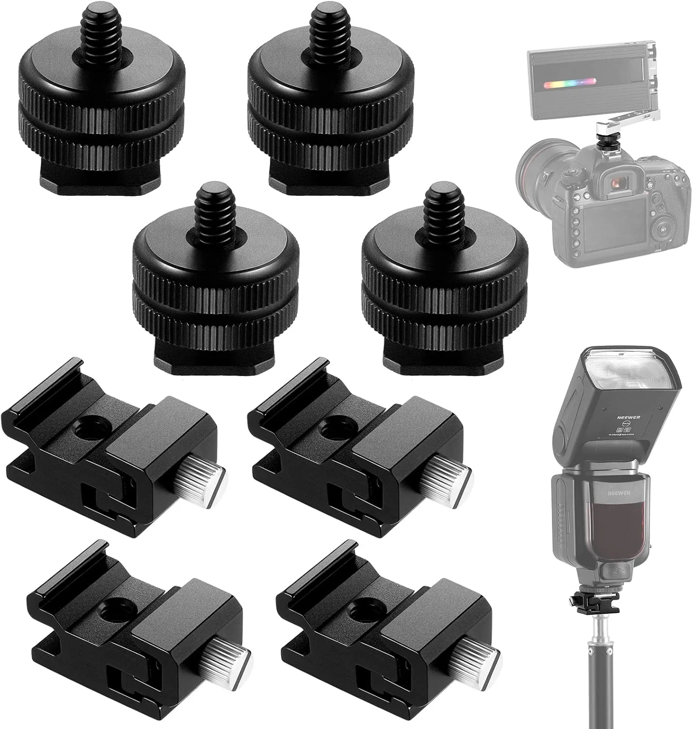 مجموعه 8 عددی تبدیل کفشک سرد 1/4 اینچی و پایه فلاش کفشک گرم NEEWER برای تجهیزات دوربین DSLR، آداپتور کفشک گرم دوربین، پایه های کفشک فلاش اسپیدلایت برای سه پایه