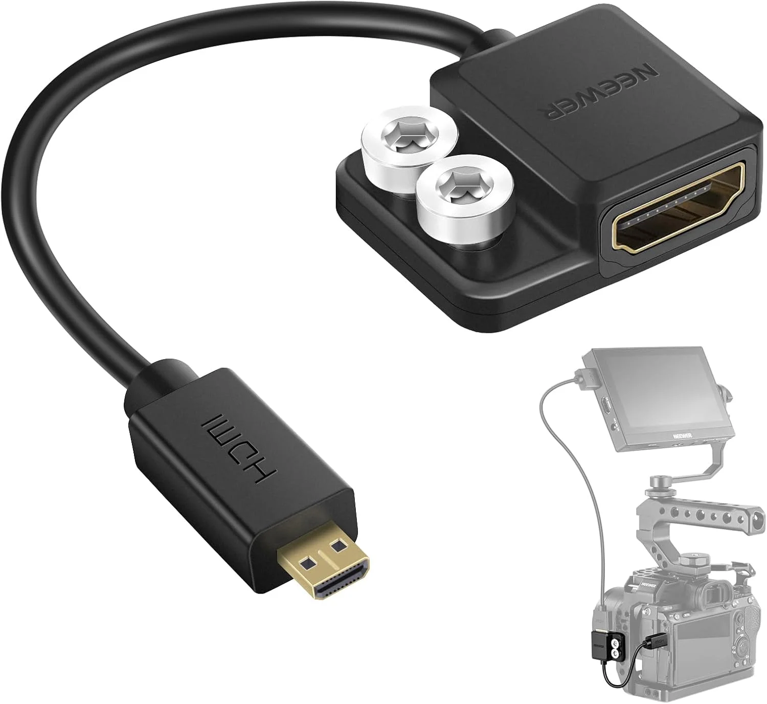 کابل تبدیل میکرو HDMI به HDMI نیوور 4K/60Hz، تبدیل D به A، کابل میکرو نری به HDMI مادگی به همراه دو پیچ 1/4 اینچی، سازگار با Sony A7R IV A7C ZV-1 ZV-E10 Canon M50 M50 II Fujifilm X-T2 X-T3-302