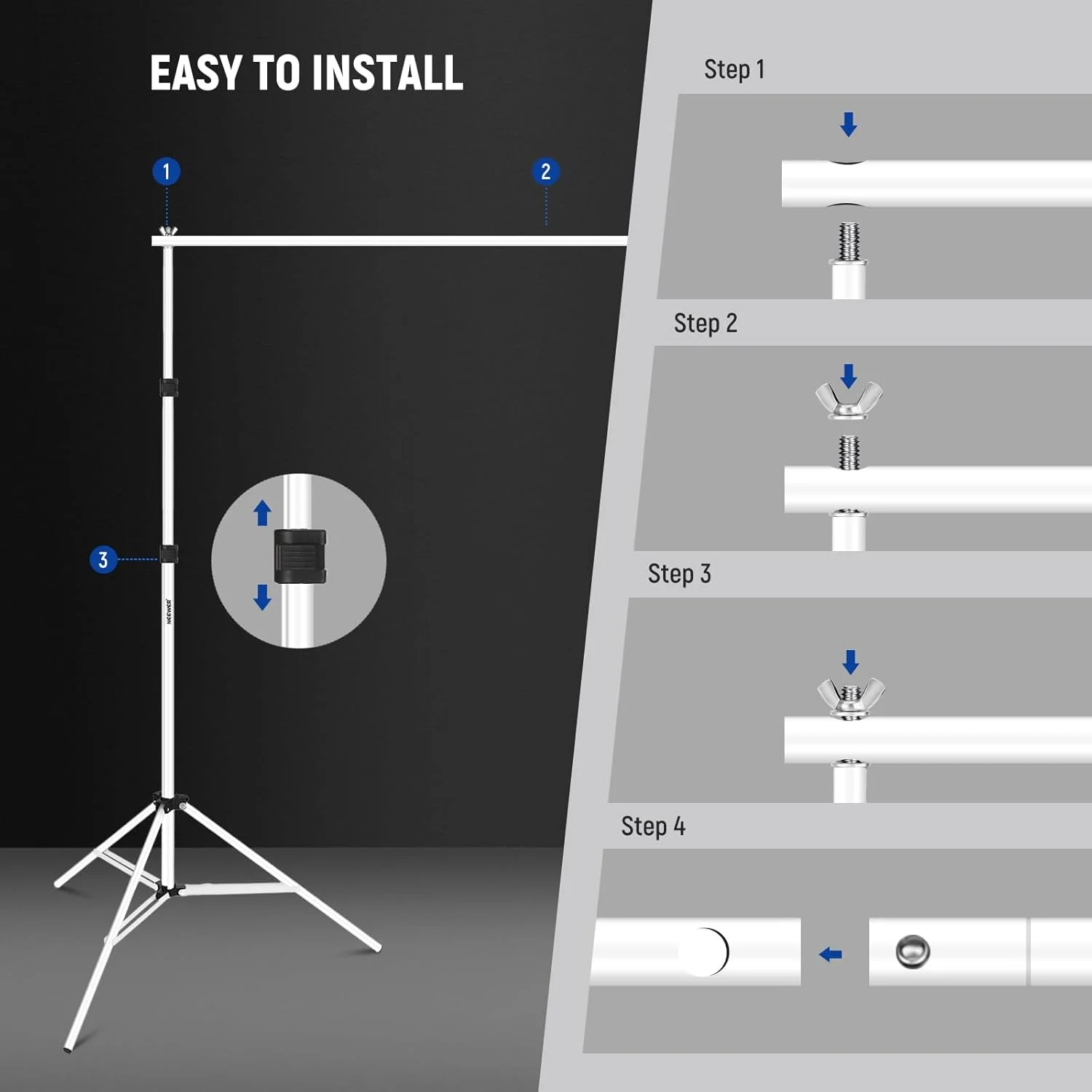 سیستم نگهدارنده پس زمینه استودیویی NEEWER، عرض 3 متر، ارتفاع 2 متر، با قابلیت تنظیم، دارای 4 میله افقی، 6 گیره، 2 کیسه شن و کیف حمل برای پرتره و استودیو (سفید) سیستم نگهدارنده پس زمینه استودیویی NEEWER، عرض 3 متر، ارتفاع 2 متر، با قابلیت تنظیم، دارای 4 میله افقی، 6 گیره، 2 کیسه شن و کیف حمل برای پرتره و استودیو (سفید)