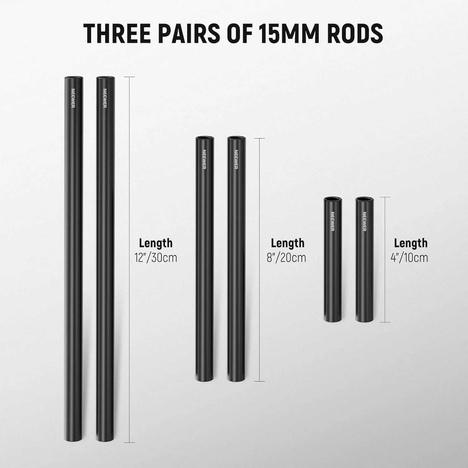 سیستم میله های 15 میلی متری LWS نیور، 3 جفت میله های اکستنشن 15 میلی متری آلومینیومی (10cm/4"، 20cm/8"، 30cm/12") ترکیب طول آزاد برای ریگ شانه سیستم پشتیبانی میله LWS سازگار با ریگ ویدیویی اسمال ریگ، SR009