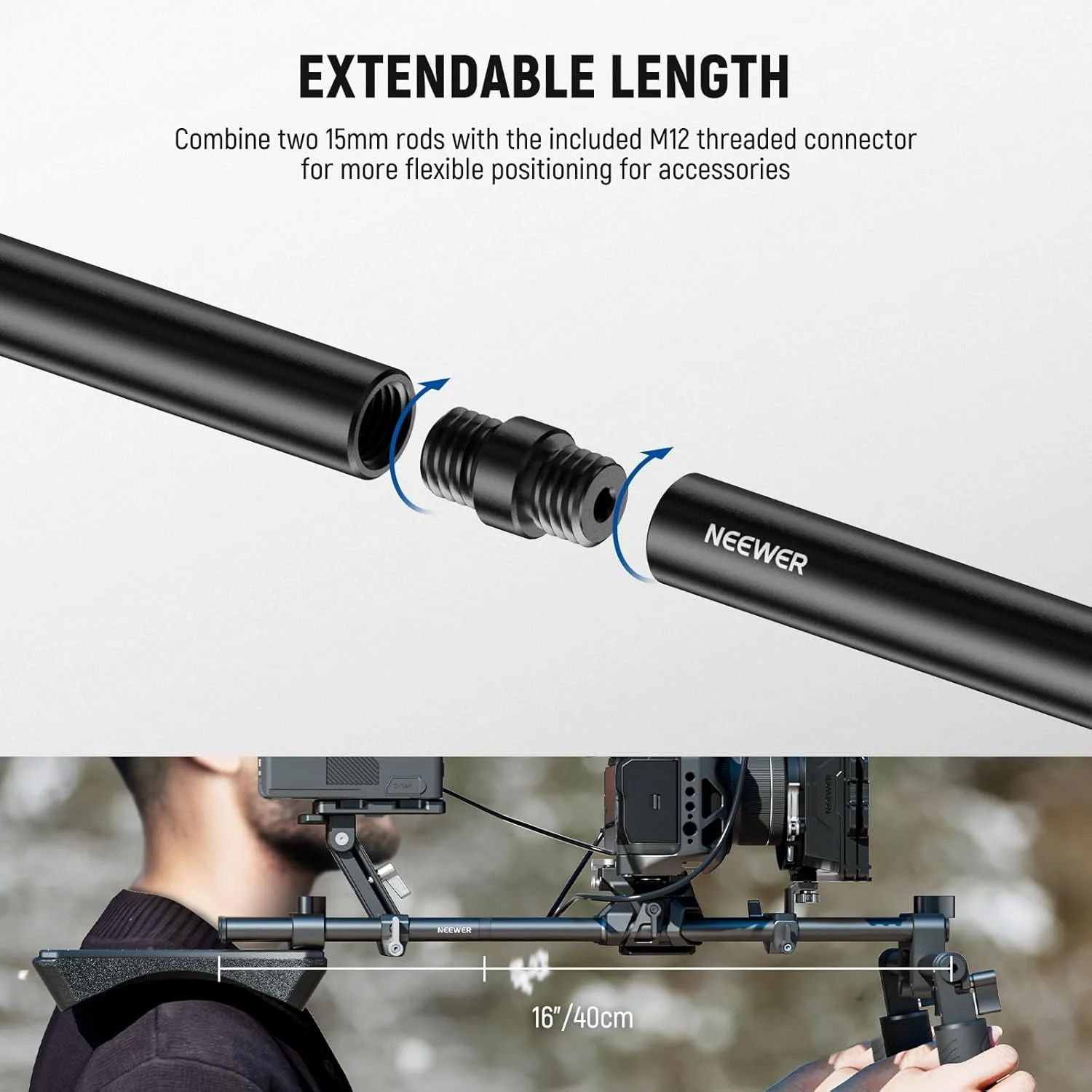 سیستم میله های 15 میلی متری LWS نیور، 3 جفت میله های اکستنشن 15 میلی متری آلومینیومی (10cm/4"، 20cm/8"، 30cm/12") ترکیب طول آزاد برای ریگ شانه سیستم پشتیبانی میله LWS سازگار با ریگ ویدیویی اسمال ریگ، SR009