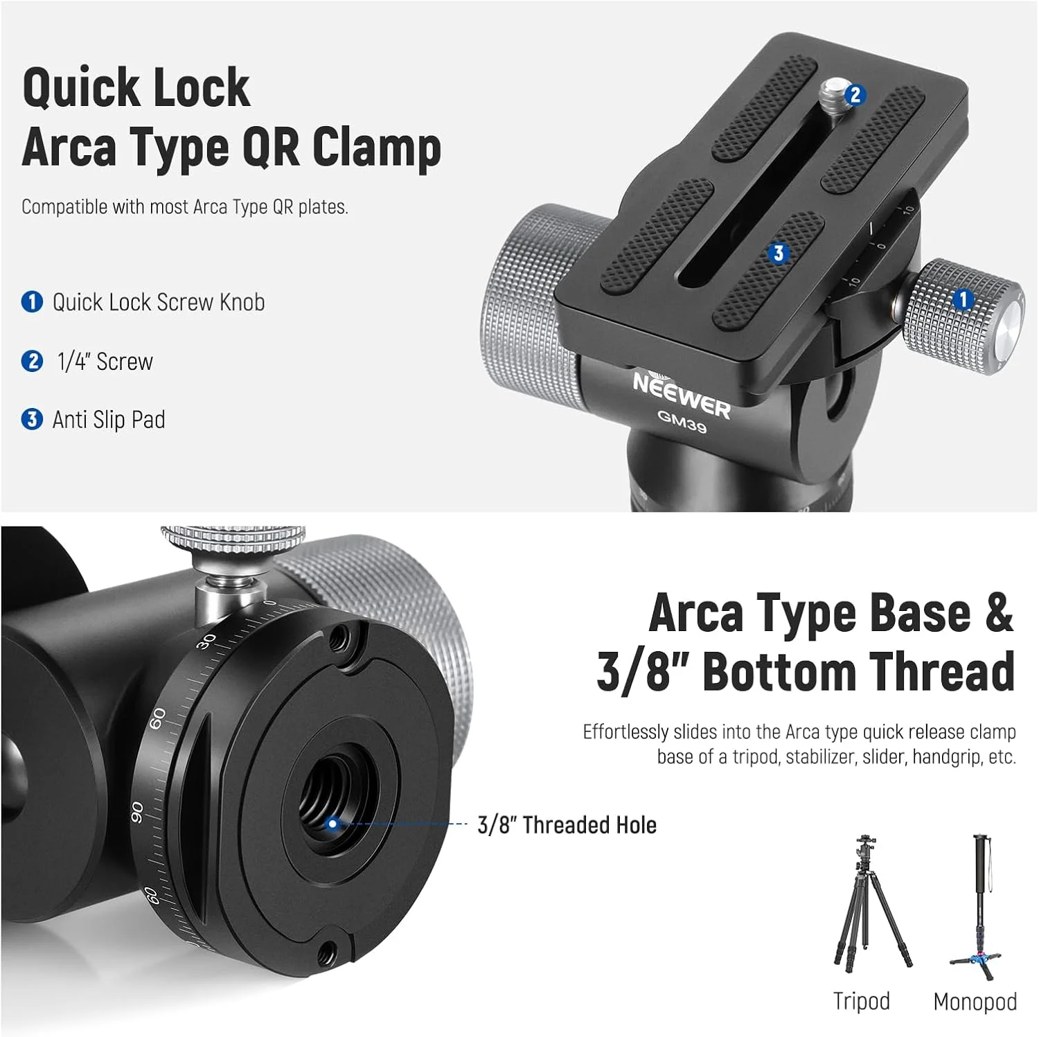 سر سهپایه گیمبال دوربین NEEWER، چرخش 360 درجه، شیب 90 درجه، آداپتور پایه توپی سهپایه تک پایه فلزی کم مشخصات، گیره و پایه QR از نوع Arca با رهاسازی/قفل سریع، رزوه 3/8 اینچ، حداکثر بار 4 کیلوگرم، GM39 سر سهپایه گیمبال دوربین NEEWER، چرخش 360 درجه، شیب 90 درجه، آداپتور پایه توپی سهپایه تک پایه فلزی کم مشخصات، گیره و پایه QR از نوع Arca با رهاسازی/قفل سریع، رزوه 3/8 اینچ، حداکثر بار 4 کیلوگرم، GM39