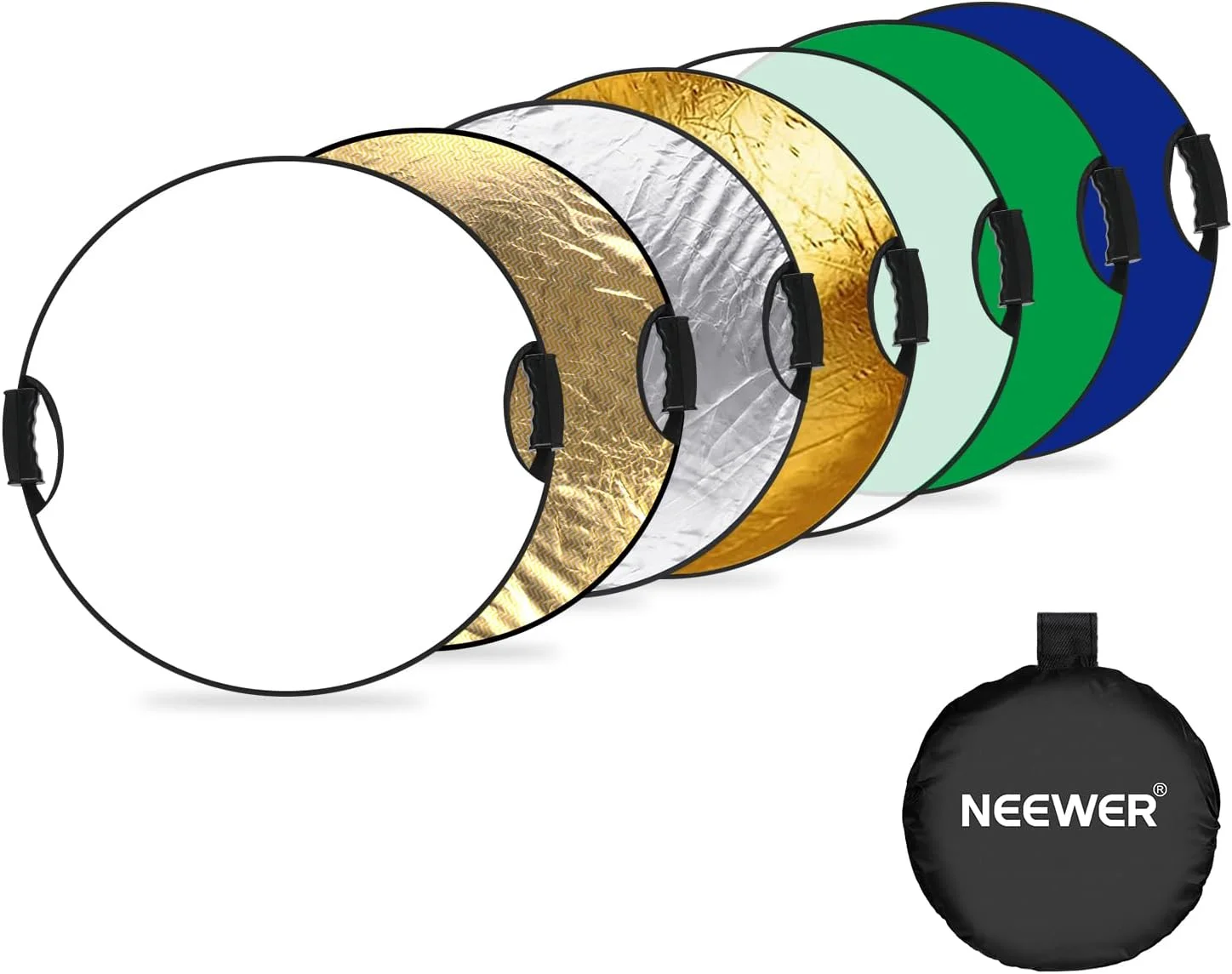 رفلکتور نور 7 در 1 NEEWER با قطر 110 سانتی متر، دسته و رزوه 3/8 اینچی، شامل سطوح شفاف/نقره ای/طلایی/طلایی ملایم/سفید نقره ای/پس زمینه آبی/پرده سبز تاشو برای عکاسی در فضای باز، مدل RF-110III