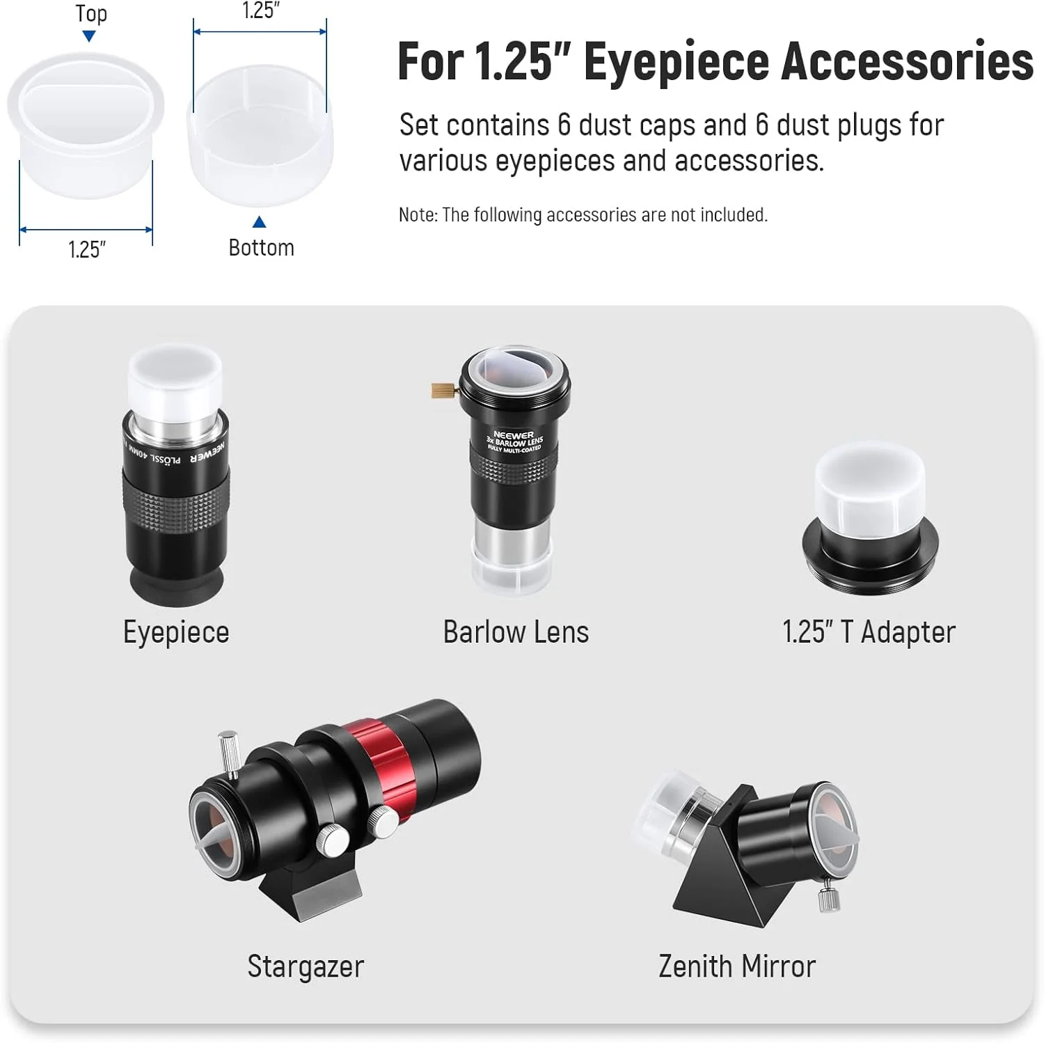 مجموعه 6 جفتی درپوش گرد و غبار NEEWER برای چشمی تلسکوپ نجومی 1.25 اینچی، آینه قطری، آداپتور حلقه T، فوکوس کننده، لنز بارلو و سایر لوازم جانبی، شامل 6 درپوش گرد و غبار + 6 پلاگین گرد و غبار، LS-T24