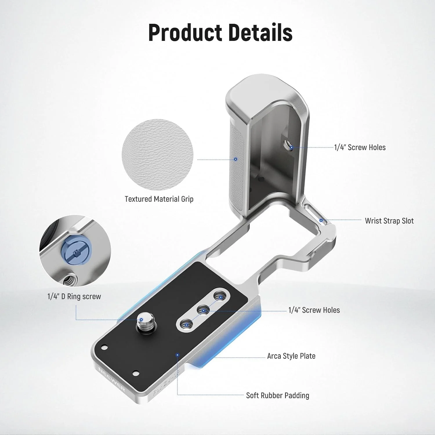 نگهدارنده L فلزی NEEWER ZV-1F ZV-1 II سازگار با سونی، براکت L فلزی با دسته چرمی سفید، رزوه ¼ اینچی، پایه Arca برای نصب عمودی، سازگار با لوازم جانبی SmallRig NEEWER، نقره ای CA030W