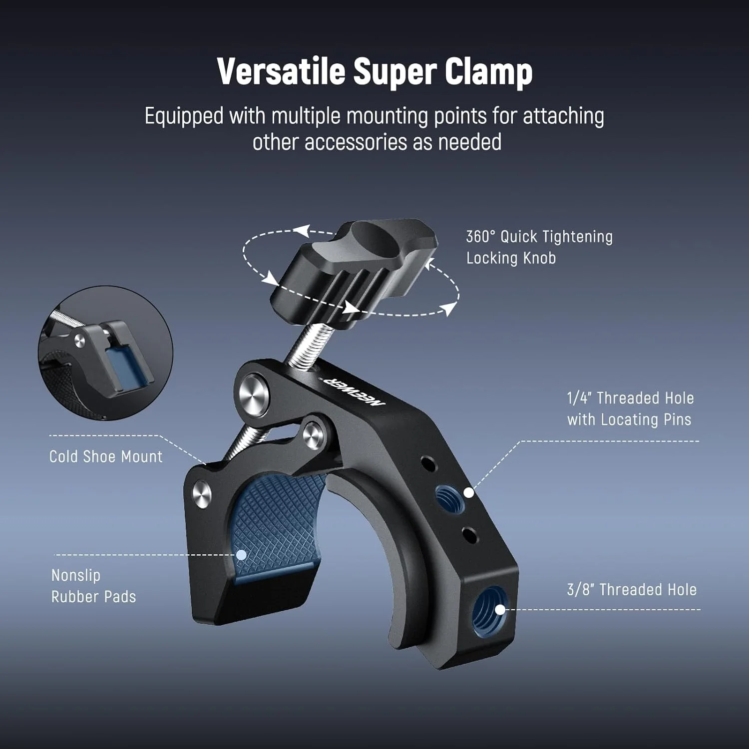 گیره سوپر NEEWER با کفشک سرد و سوراخ های رزوه ای 1/4 و 3/8 اینچ، حداکثر بار 2 کیلوگرم، گیره خرچنگی شکل برای اکثر لوازم جانبی عکاسی، سازگار با SmallRig، مشکی، ST84