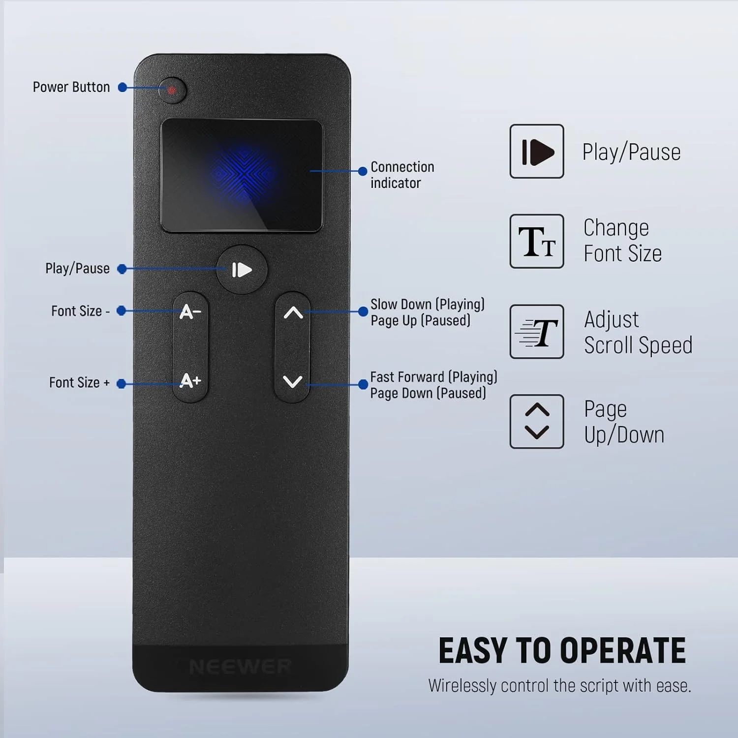 ریموت کنترل NEEWER RT113 برای اپلیکیشن تله پرومتر NEEWER، ارتقا یافته با اتصال مستقیم بلوتوث و دکمه بی صدا، سازگار با گوشی های هوشمند و تبلت های iOS و اندروید برای X17 II/X16/X12/X14 و غیره