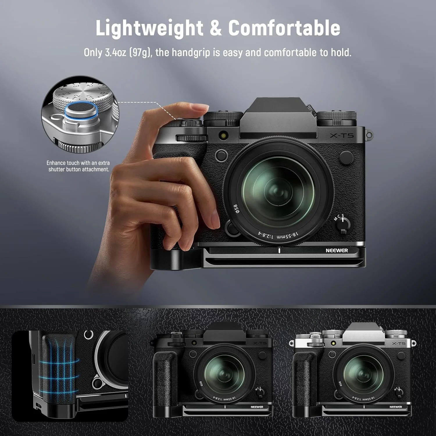 نگهدارنده دستی L شکل NEEWER X-T5 سازگار با فوجی فیلم، صفحه فلزی L با دستگیره سیلیکونی، دکمه شاتر، پیچ ضد چرخش 1/4 اینچی، رزوه های 3/8 اینچی و 1/4 اینچی، پایه Arca سازگار با لوازم جانبی SmallRig، CA014G نگهدارنده دستی L شکل NEEWER X-T5 سازگار با فوجی فیلم، صفحه فلزی L با دستگیره سیلیکونی، دکمه شاتر، پیچ ضد چرخش 1/4 اینچی، رزوه های 3/8 اینچی و 1/4 اینچی، پایه Arca سازگار با لوازم جانبی SmallRig، CA014G