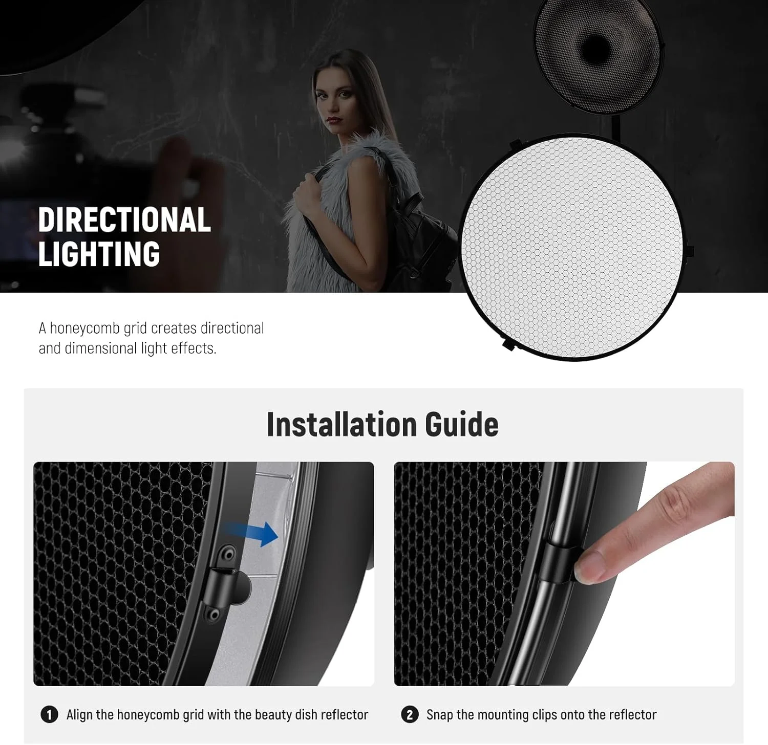 کیت کاسه نور 30 سانتی‌متری فلزی با مانت بوئنز NEEWER به همراه دیفیوزر جورابی سفید و گرید شانه‌ای، مناسب برای فلاش استروب و نور ویدئویی سازگار با Godox AD600 NEEWER CB60 Q4 Vision 4 S101 Series, LD30