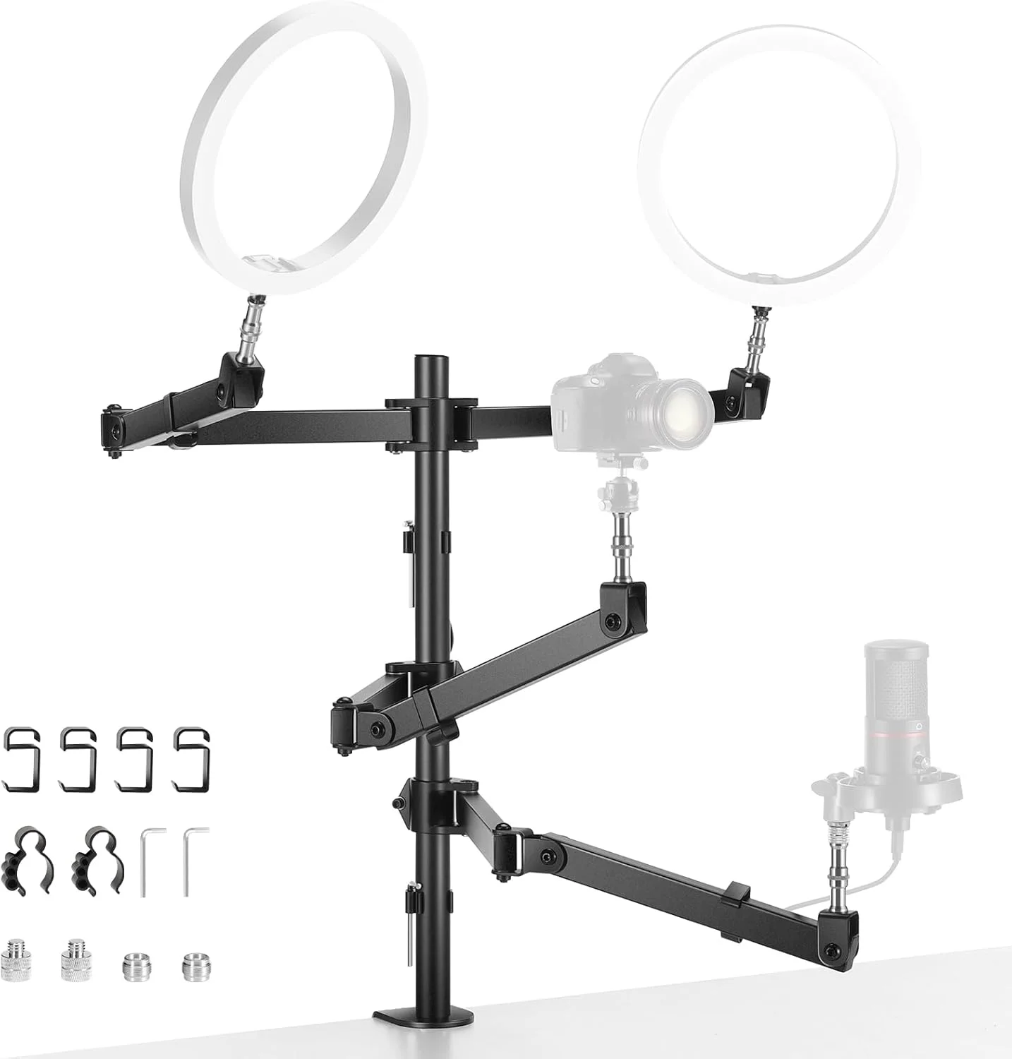 پایه رومیزی دوربین NEEWER، پایه نگهدارنده وب کم بالای سر با 4 بازوی مفصلی انعطاف پذیر، پیچ های 3/8 اینچ 1/4 اینچ 5/8 اینچ برای میکروفون، نور LED، ضبط ویدیو، پخش زنده، پادکست، بازی، ST004