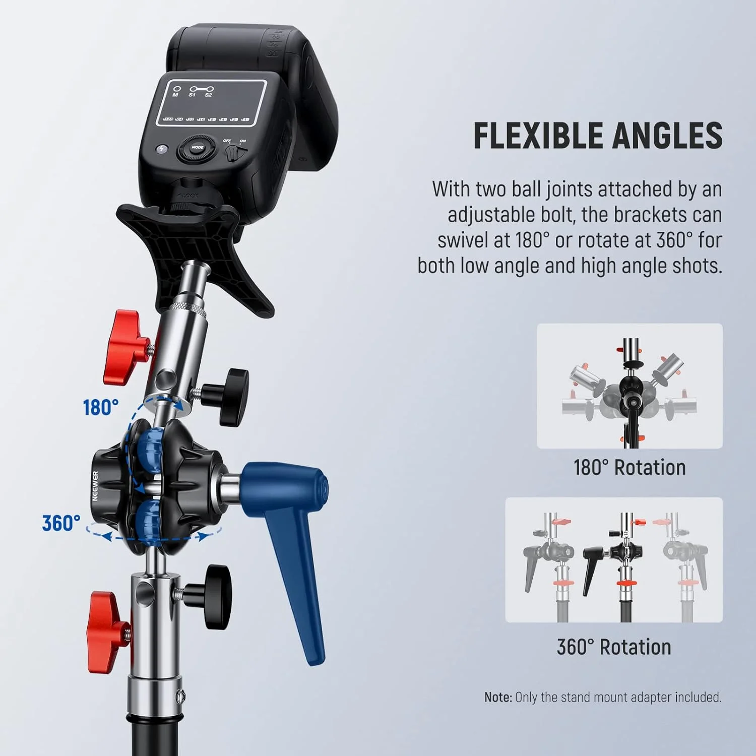 آداپتور سر پایه نور سنگین NEEWER با مفصل توپی دوگانه تمام فلزی، دو گیرنده 5/8 اینچی، پیچ تبدیل 1/4 اینچ به 3/8 اینچ، پیچ 3/8 اینچ به 5/8 اینچ، برای پایه C، حداکثر بار 6.3 کیلوگرم، UA020