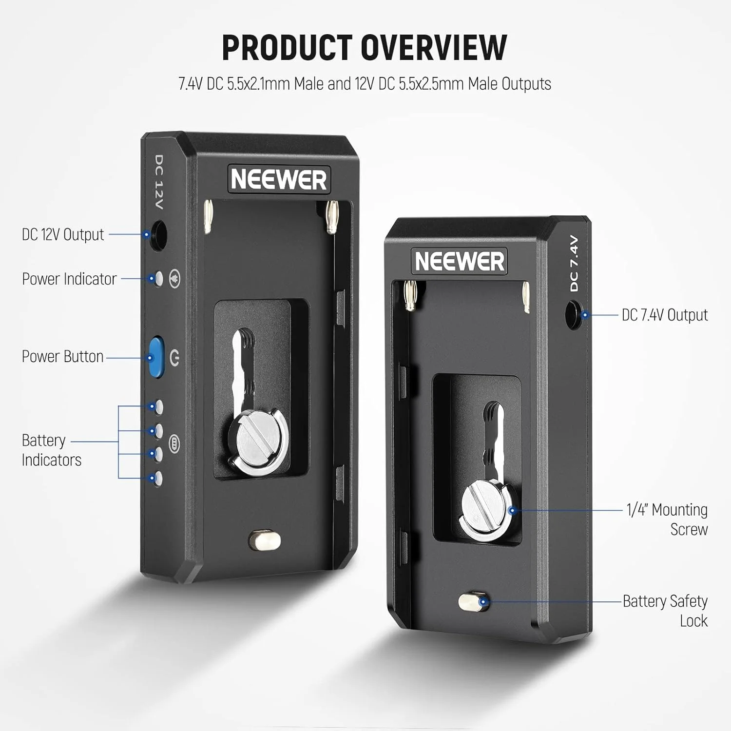 صفحه آداپتور باتری NEEWER NP-F برای دوربین های DSLR و بدون آینه، با نشانگرهای LED قدرت، خروجی های 12 ولت DC 5.5x2.5 میلی متر نر و 7.4 ولت DC 5.5x2.1 میلی متر نر، سازگار با باتری های Sony NP-F، PS004E