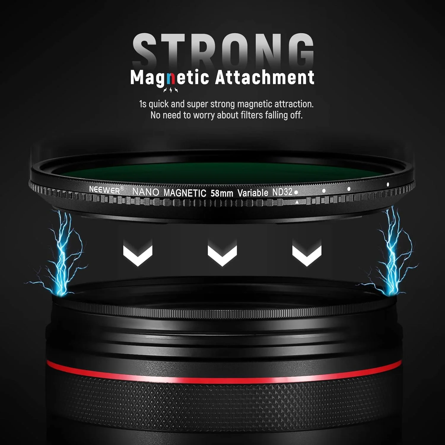 فیلتر ND متغیر 58 میلی‌متری NEEWER مغناطیسی ND2-ND32 (1-5 استاپ) با حلقه آداپتور مغناطیسی، بدون X/شیشه اپتیکال HD/چند لایه/فوق العاده نازک/ضد آب/مقاوم در برابر خش